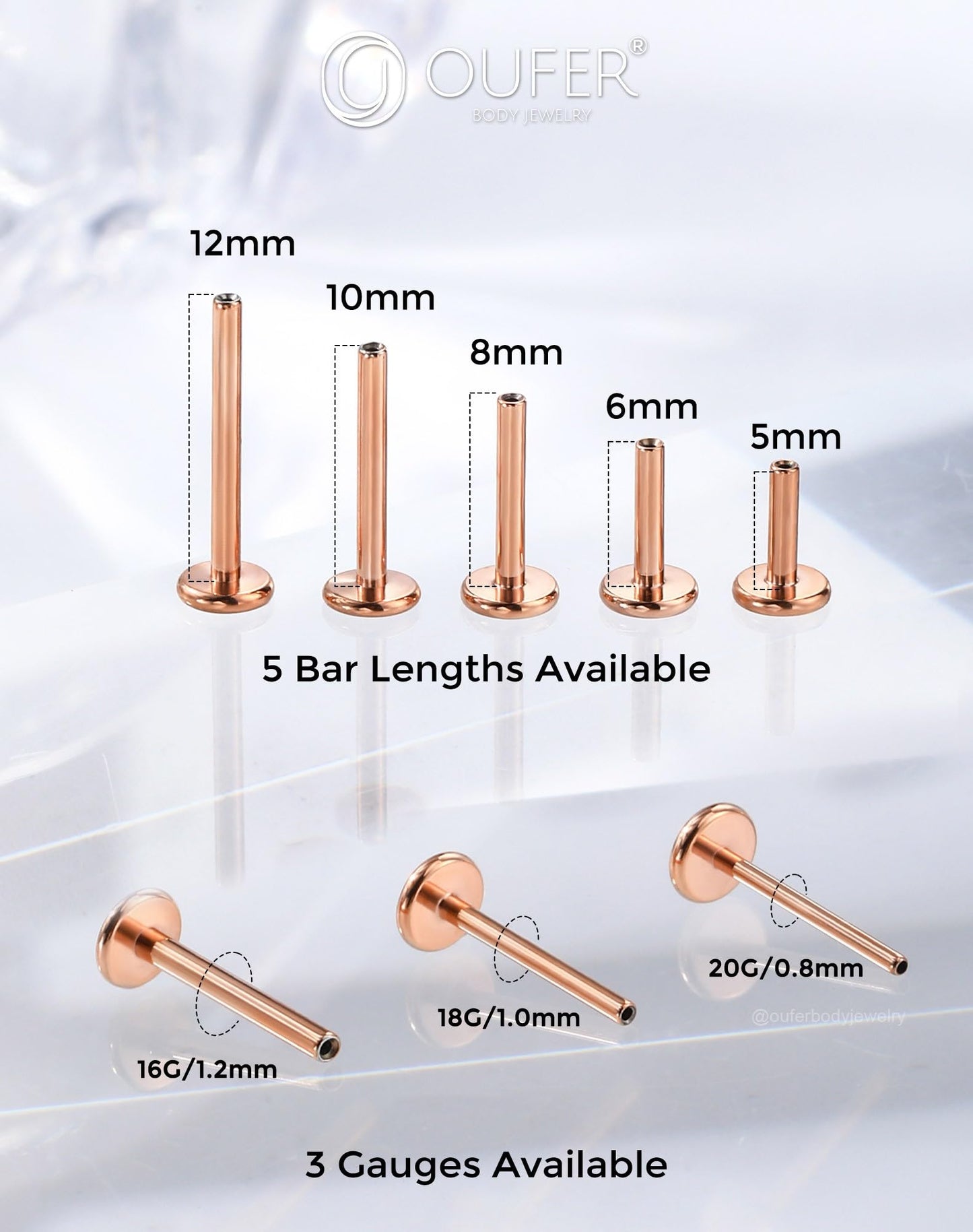 OUFER 2PCS Rose Gold Titanium Flat Back Threadless Stud Earrings, 16G/18G/20G Push Pin Piercing Jewelry – Multiple Post Lengths (5mm–12mm) & CZ Sizes (1.5mm–4mm) for Lobe, Helix, Tragus, Conch, Nose