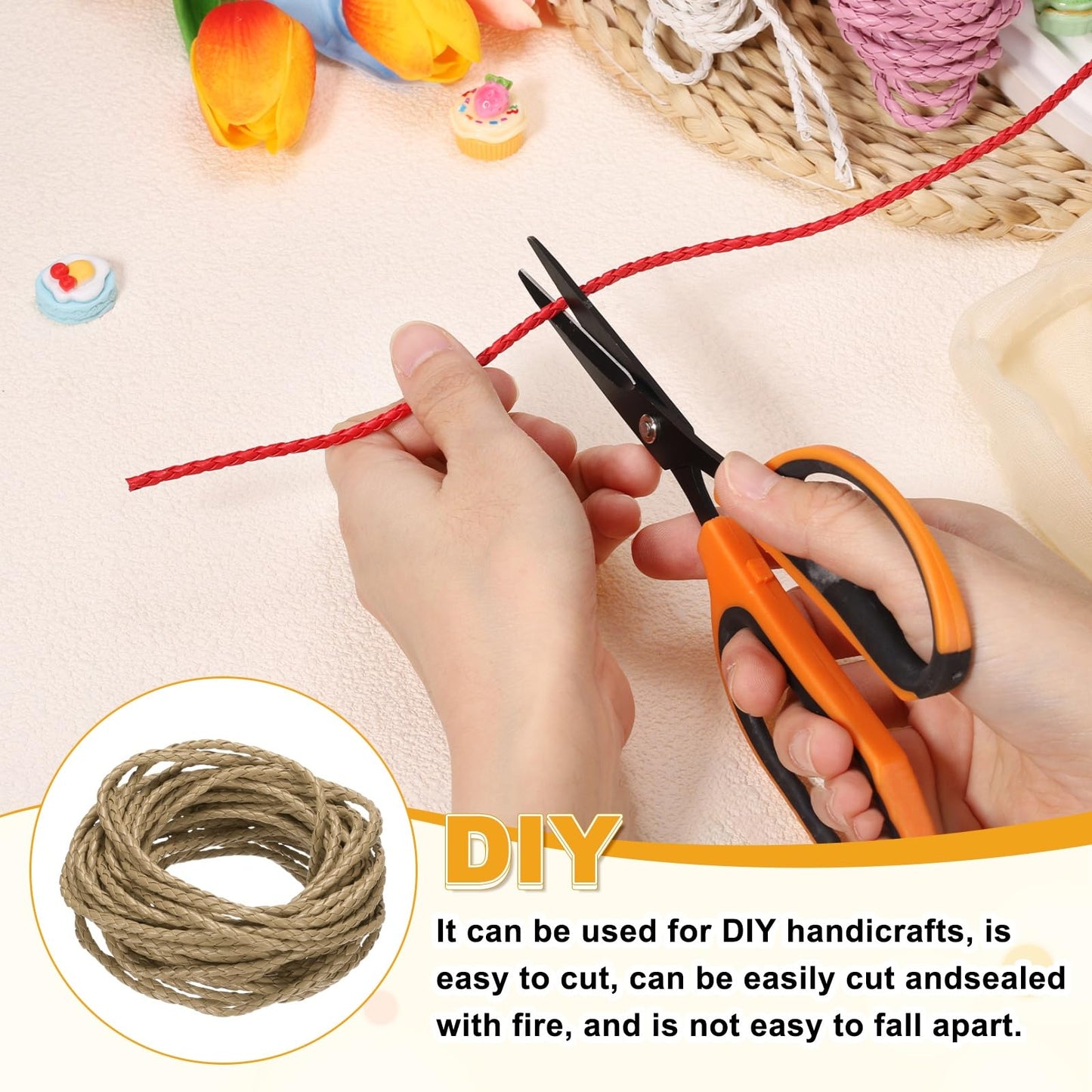 M METERXITY Round Braided Leather Cord, 10 Yards 4mm Four-Strand Faux Beading String Rope Bolo Tie 10 Meters Long for Jewelry Making/DIY Crafts, String Macrame Bracelet Thread [Beige]