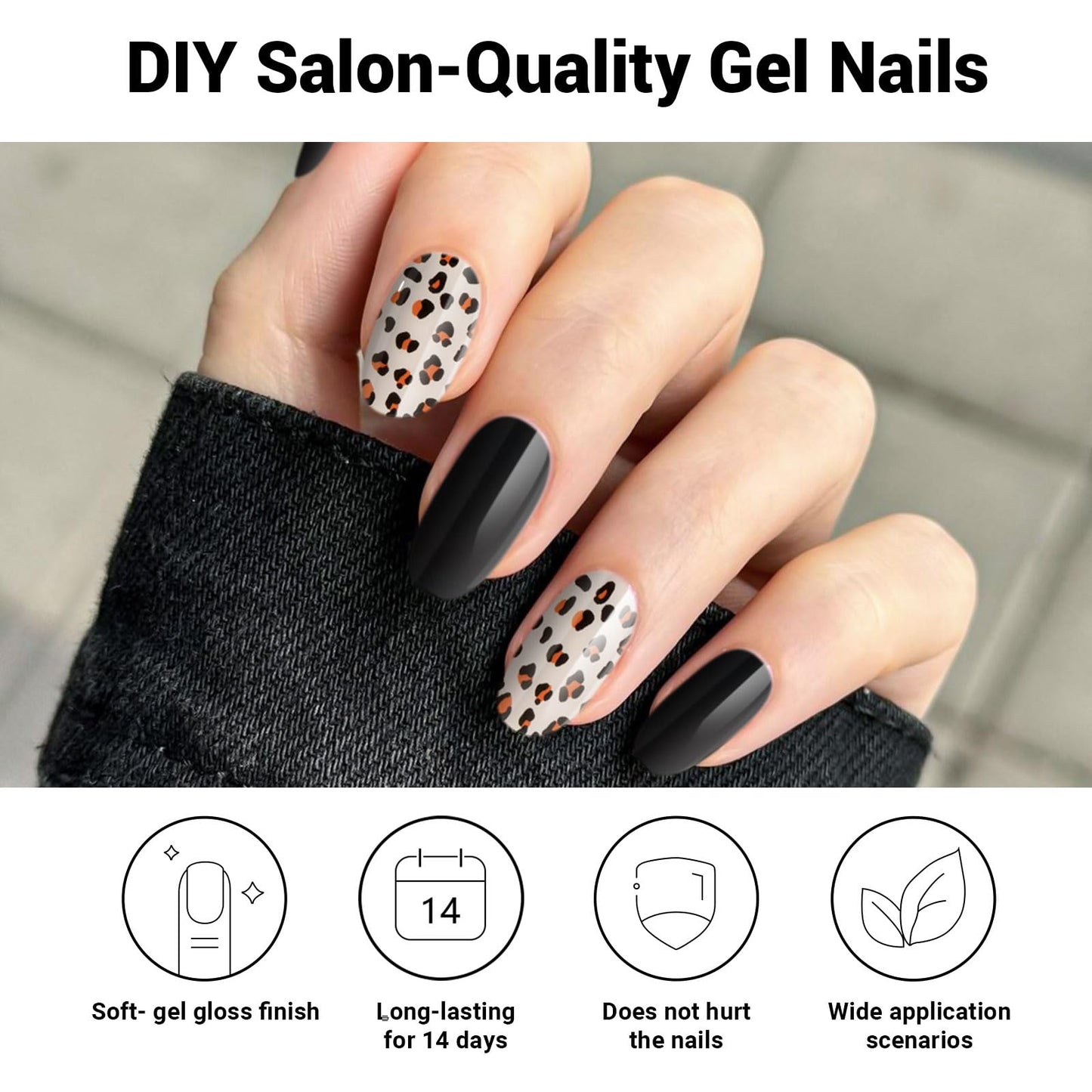DUKASOU Semi Cured Gel Nail Strips, Black | 28 pcs Gel Nail Strips Work with Any UV Lamp, Salon Quality UV Nails Stickers, Easy to Apply for Home Nails DIY