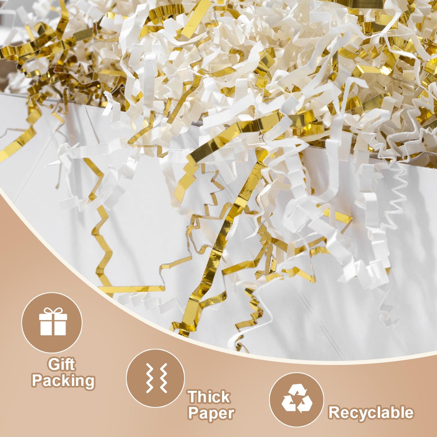 Wowxyz 1 LB Crinkle Cut Paper Shred White & Gold Crinkle Shredded Paper for Gift Baskets - Gift Box Bag Filler - Confetti Stuffing for Birthday, Holiday Present Packaging Wrapping