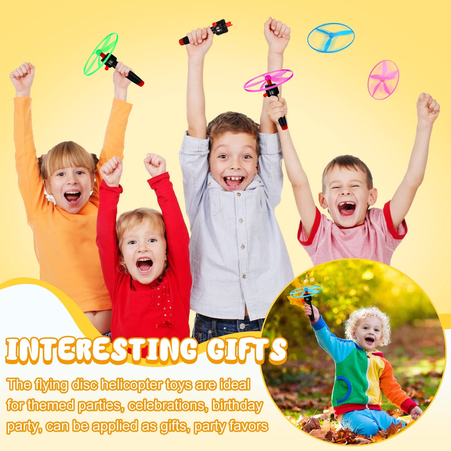 Meooeck Disk Helicopter Toy Disco Flyers Include 12 String Launchers and 24 Flying Saucer Disk Launcher Toy Fly Toys for Outdoor Activity Little Teens Birthday Party Favors(36 Pcs)