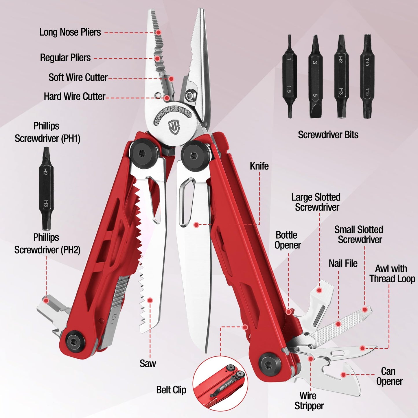 WORKPRO 24-in-1 Mutitool, Stainless Steel Multitool Pliers with Pocket Knife and Screwdrivers, EDC Self-locking Multi Tool with Sheath, Belt Clip for Outdoor Activities, Gifts for Men, Red