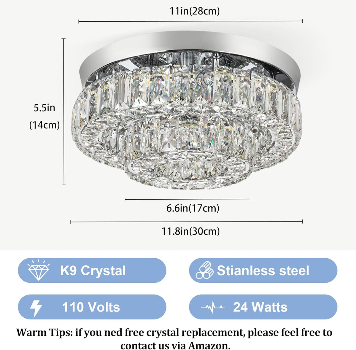 12 Inch Crystal Chandelier LED Ceiling Light 2 Tier Flush Mount Ceiling Light Fixtures Modern Chandelier Lighting for Hallway Bedroom Dining Room Kitchen (Cool White)