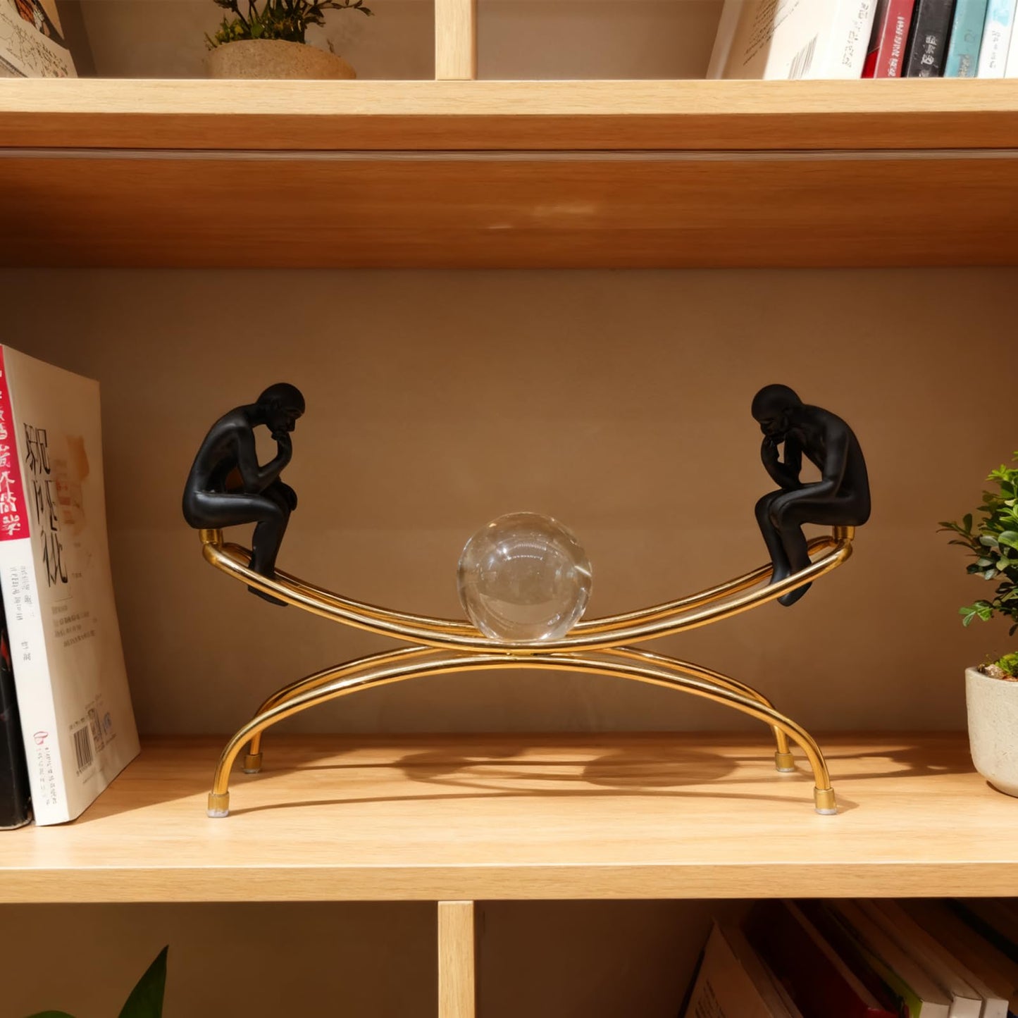 Heakrit Thinker Statue with Crystal Ball, Modern Home Sculptures Black and Gold Living Room Decor， Home Office Bookshelf Desktop Display Decoration