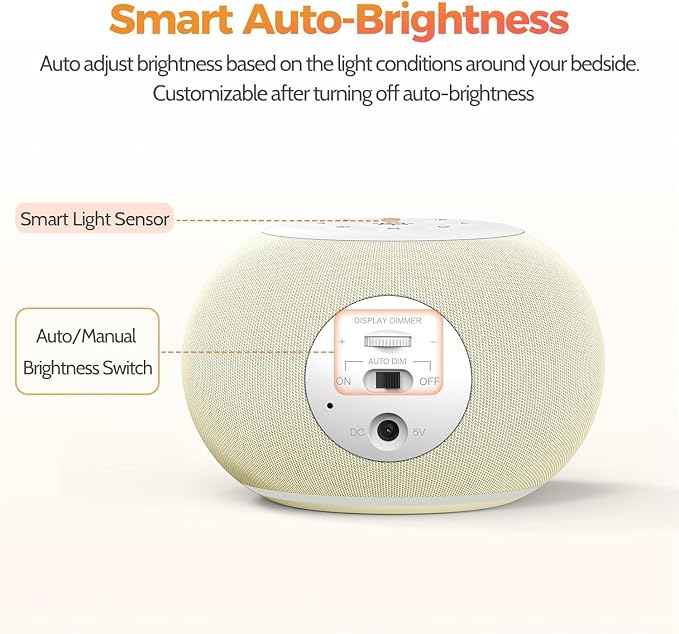 REACHER Auto Dimmable Sound Machine Alarm Clock with Night Light for Girls | 20 soothing sounds, sleep timer, precise volume, soft night lights, auto-dimming display, cute white noise soother for kids