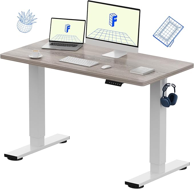 FLEXISPOT EN1 One-Piece Standing Desk 48 x 24 Inches Height Adjustable Electric Desk Sit Stand Desk Home Office Desks (White Frame + Gray Wood Grain Top, 2 Packages)