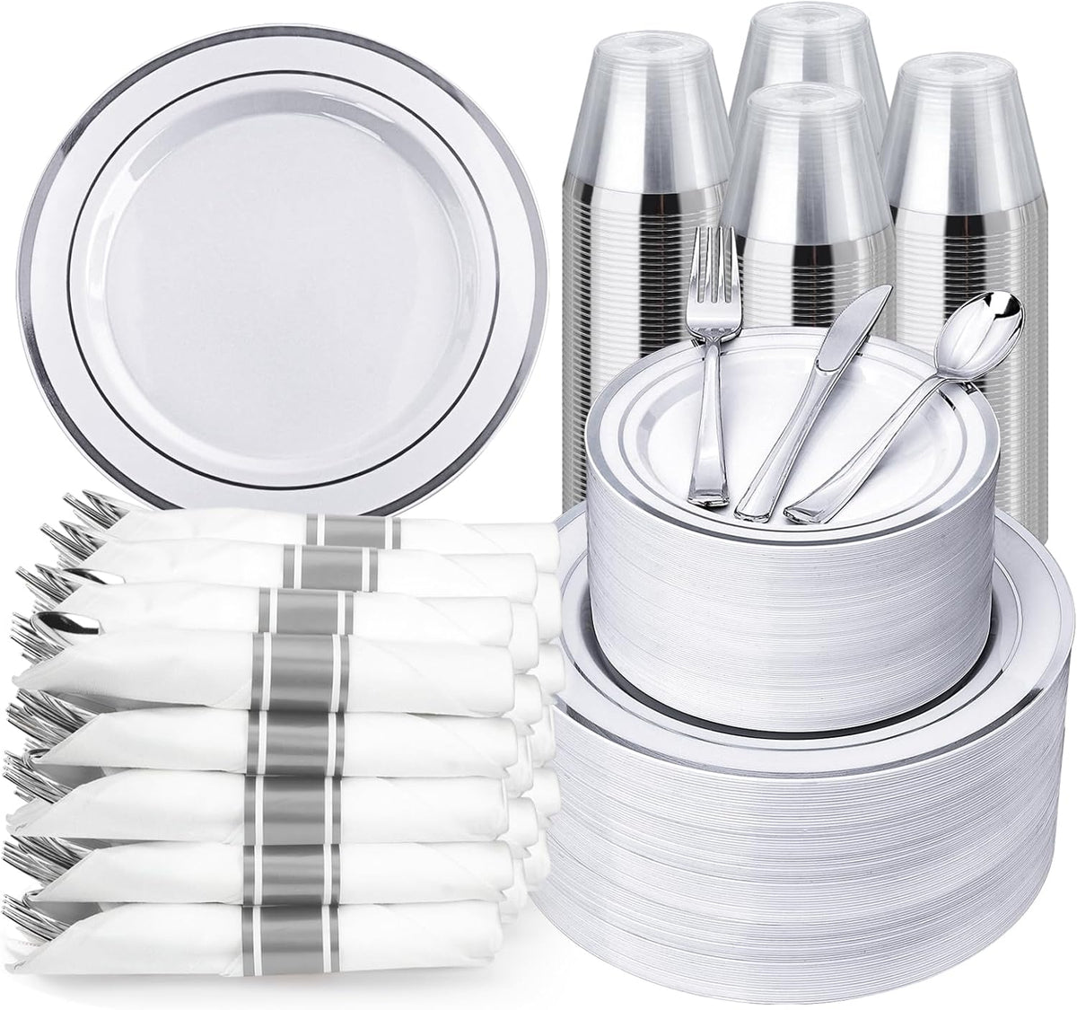BESTVIP 700PCS Silver Plastic Dinnerware Set for 100 Guests, Disposable Plates for Party, Include: 200 Plastic Plates, 100 Pre Rolled Napkins with Silver Silverware, 100 Cups for Christmas, Halloween
