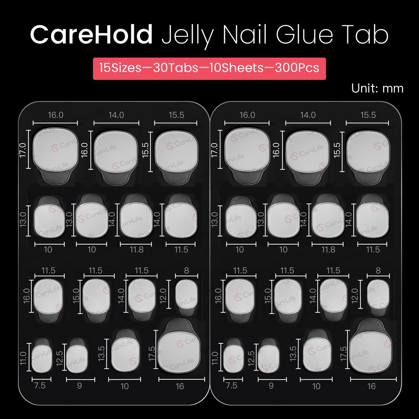 Curvlife CareHold Pro Nail Adhesive Tabs for Press On Nails – 10 Sheets, 15 Sizes Extra Wide 0.3mm Ultra Thin Double Sided Sticky Tabs, Clear Nail Stick Ons for Daily Wear and Gentle Removal