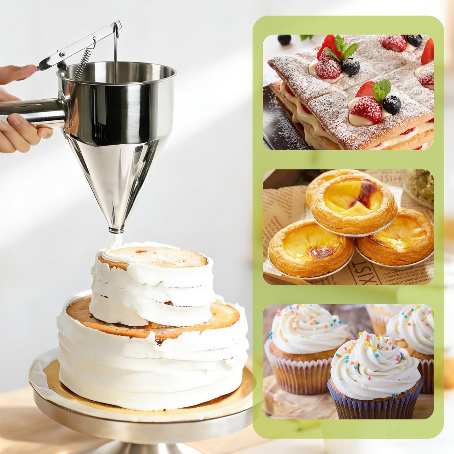 Lyhubmh 40oz Stainless Steel Pancake Batter Dispenser, Pancake Dispenser with Stand and Squeeze Handle, 4 Interchangeable Nozzles for Pancakes, Cupcakes, Waffles and Baked Goods