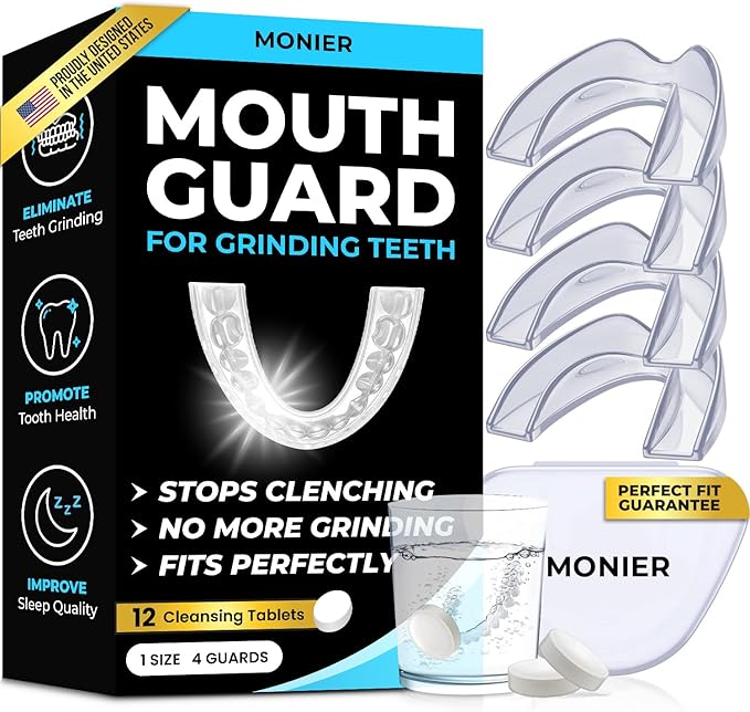 Mouth Guard for Grinding Teeth at Night | Dental Night Guard for Clenching & Better Sleep | 4 Moldable Mouthguards with 12 Cleansing Tablets