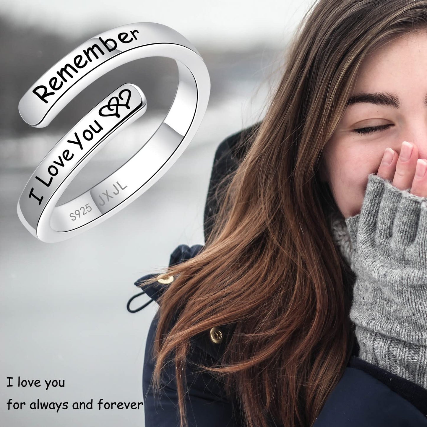 Silver Adjustable Ring Inspirational Jewelry S925 Sterling Wrap Open Ring for Women (I love you)