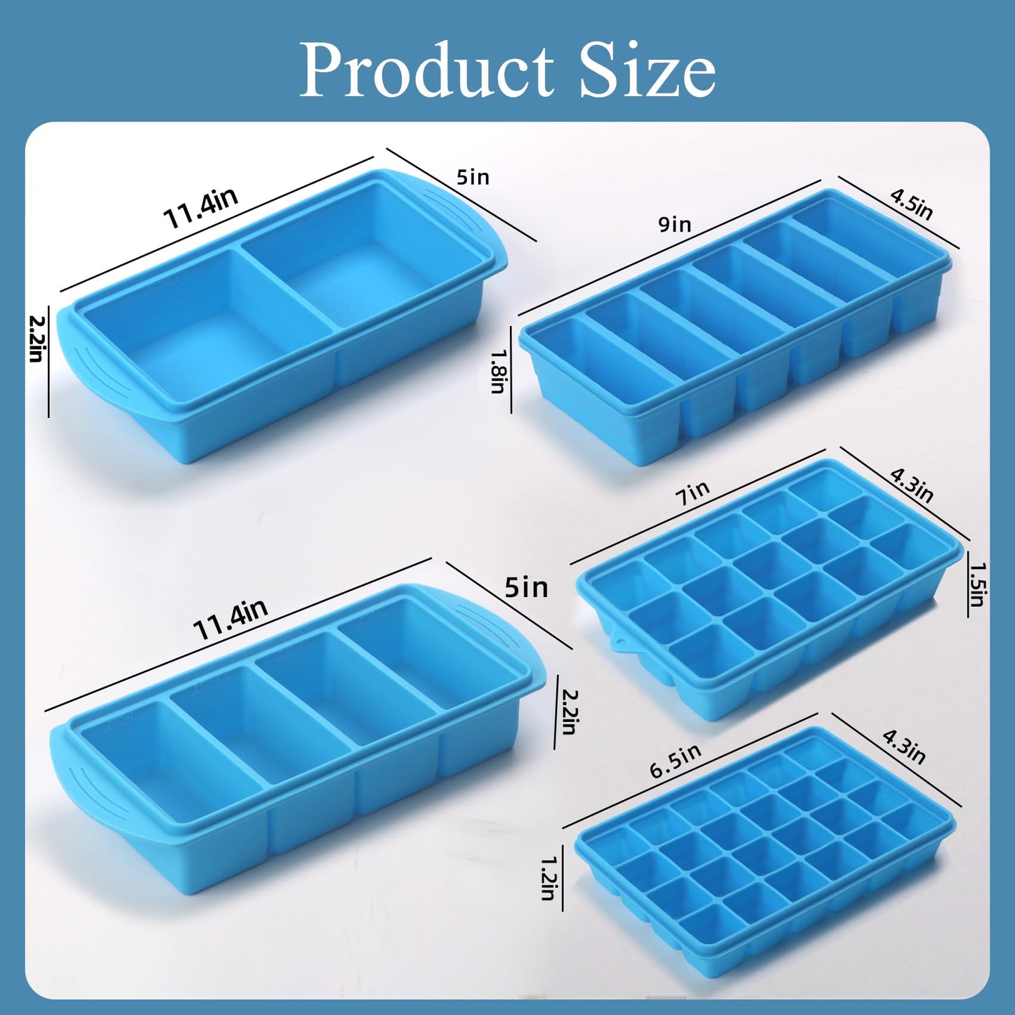 Silicone Freezer Molds Gift Set with 1Tbsp,2 Tbsp, 1/2, 1, and 2 Cup Silicone Freezer Trays With Lids - Meal Prep and Kitchen Essentials Bundle (Blue 5 Pack)