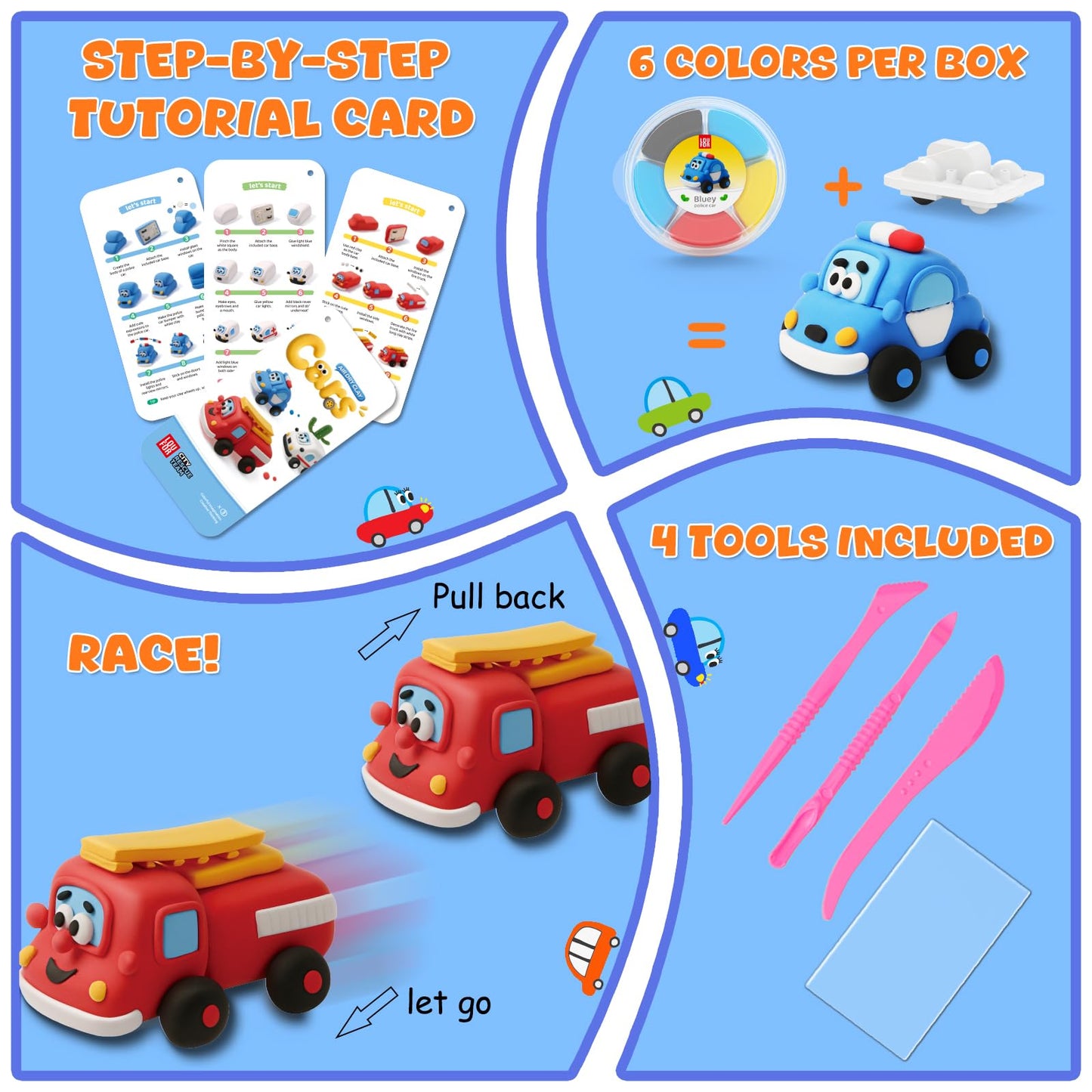 Air Dry Clay Kit for Kids - Pull Back Car Making, 3 Boxes Modeling Clay with Sculpting Tools, Base, Backing Board, Tutorial, Ultra Light & Soft, Non-Toxic & Safe, Creative DIY Arts and Crafts Toys