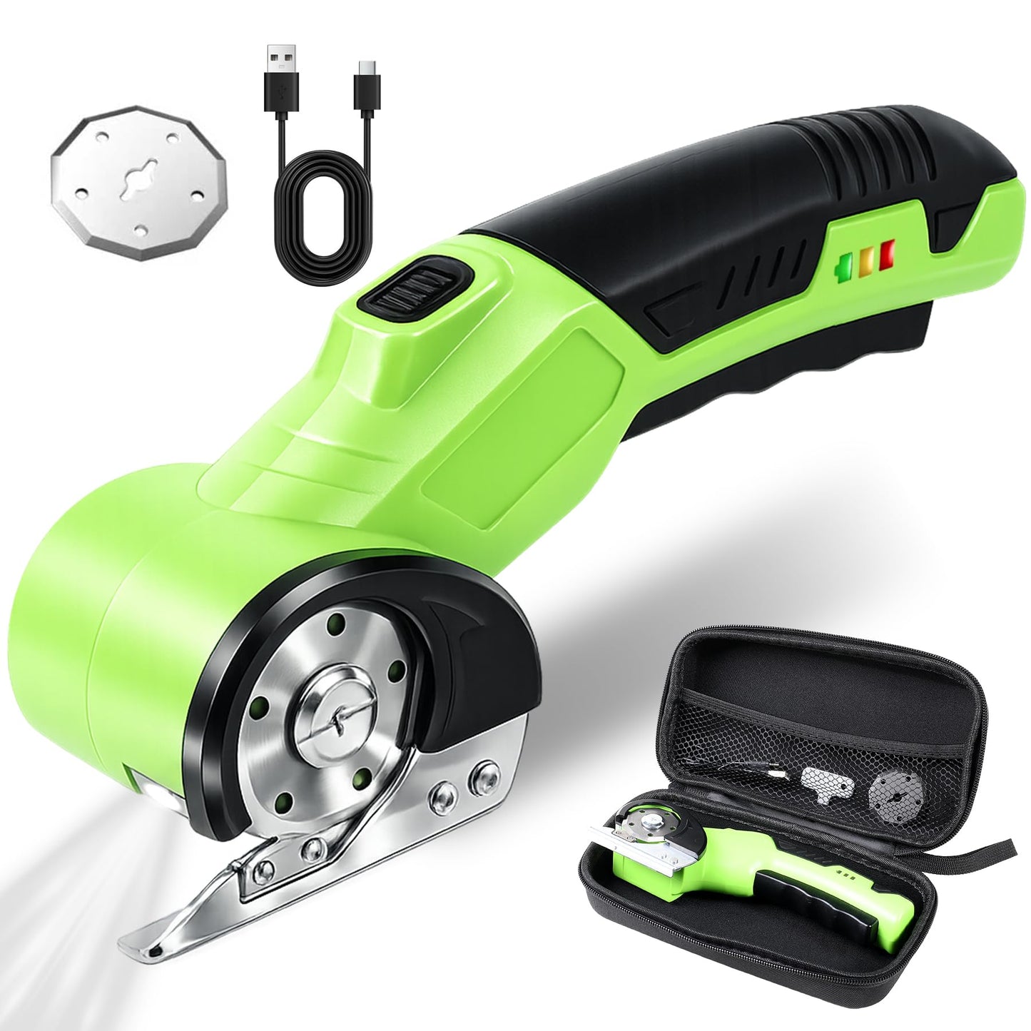 Cordless Electric Scissors, Rechargeable Cardboard Cutter, Powerful 4V Box Cutter with Replacement Blade, Powerful Cutting for Cardboard Box, Plastic, Leather, Fabric, Safety Lock & LED Light