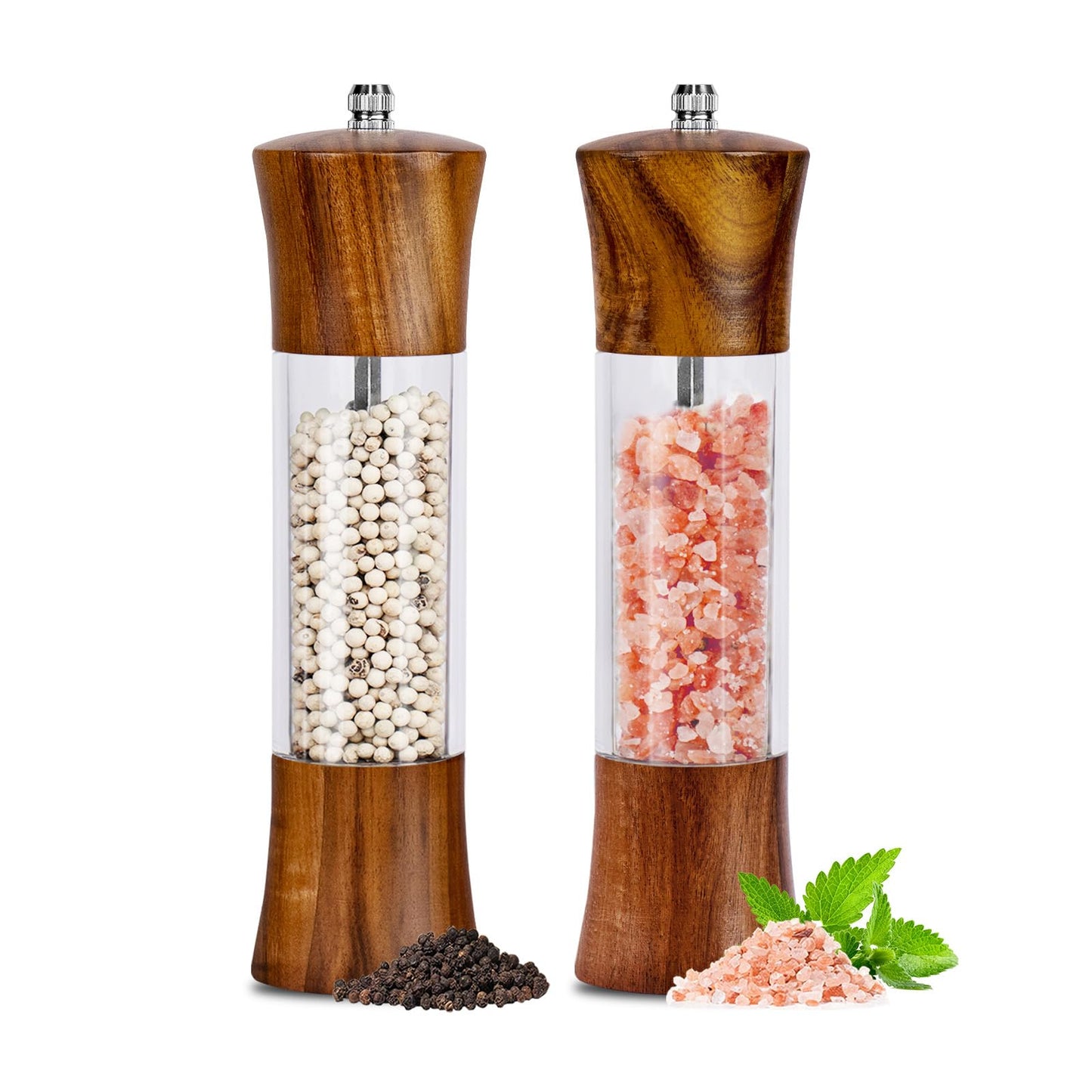 XWXO Acacia Wood Premium Acrylic Salt and Pepper Grinder Set 8 Inches Salt and Pepper Mill Set, Manual Mills- Wooden Shakers with Adjustable Ceramic Core 2 Pack for Kitchen Home Gift
