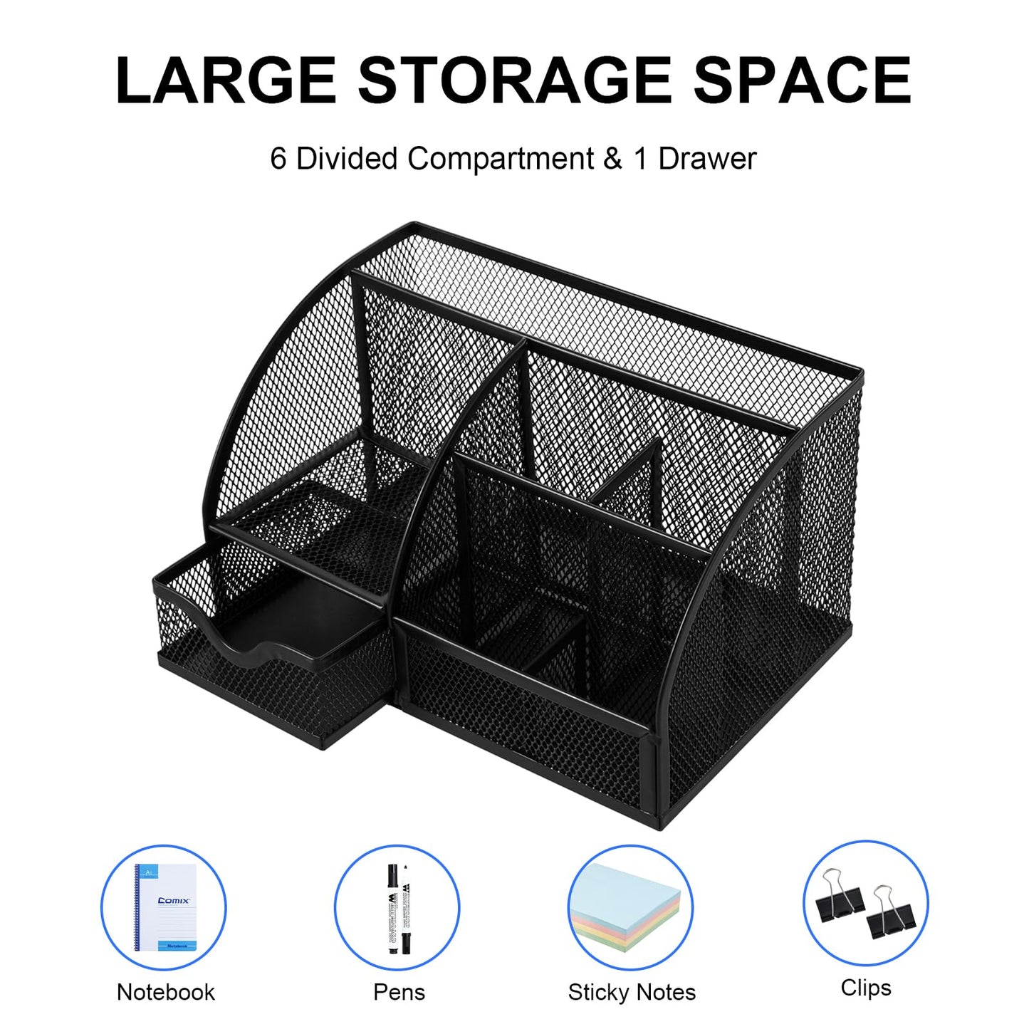 Comix Mesh Pen Pencil Holder Desk Organizer, 7 Compartment Wire Desktop Pen Pencil Cup Caddy Office Supplies for Home Office School, Black