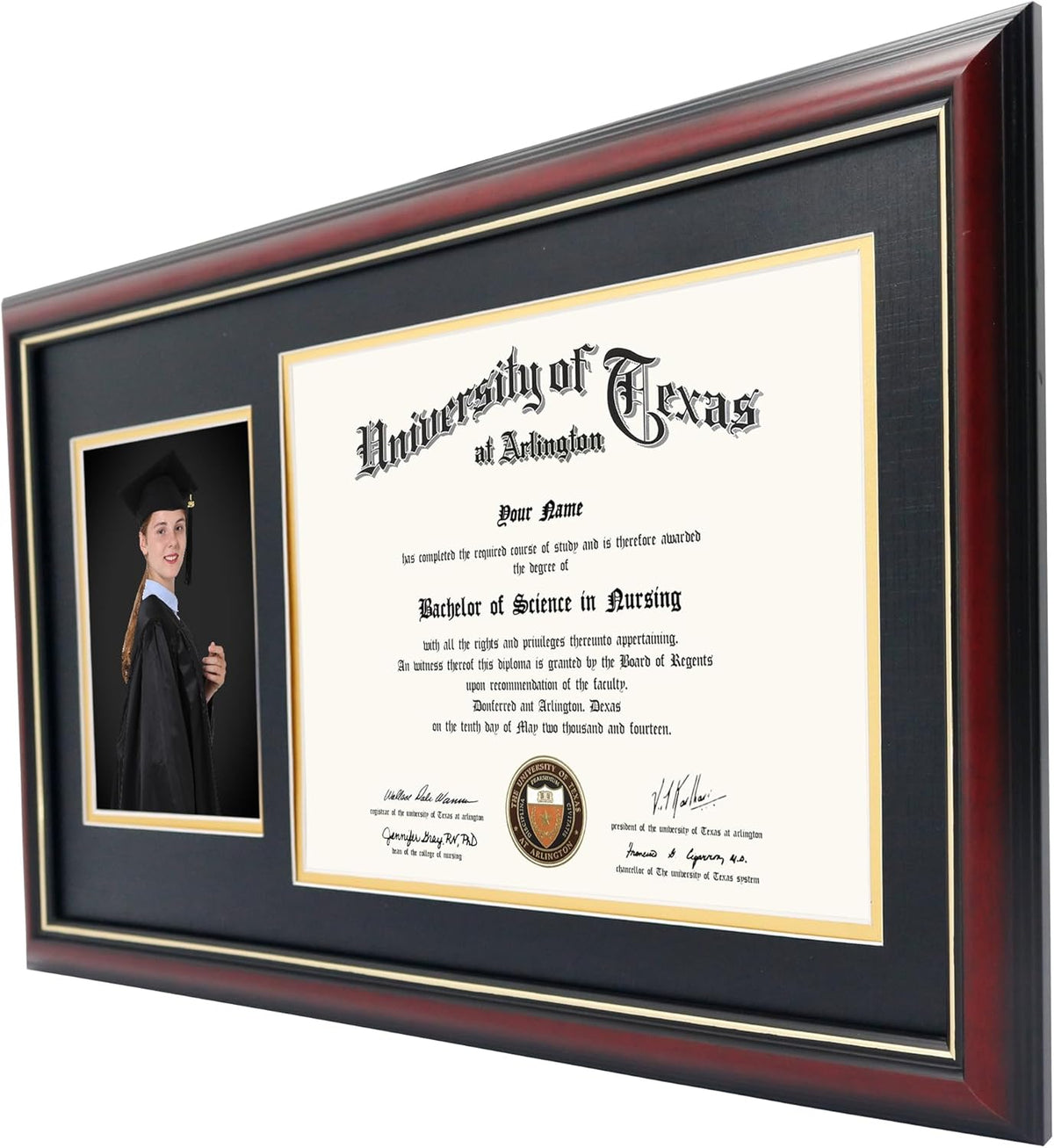 GraduationMall 11x19 Cherry Diploma and Photo Frame for 8.5x11 Certificate,5x7 Picture,Tempered Glass,Black over Gold Double Mat