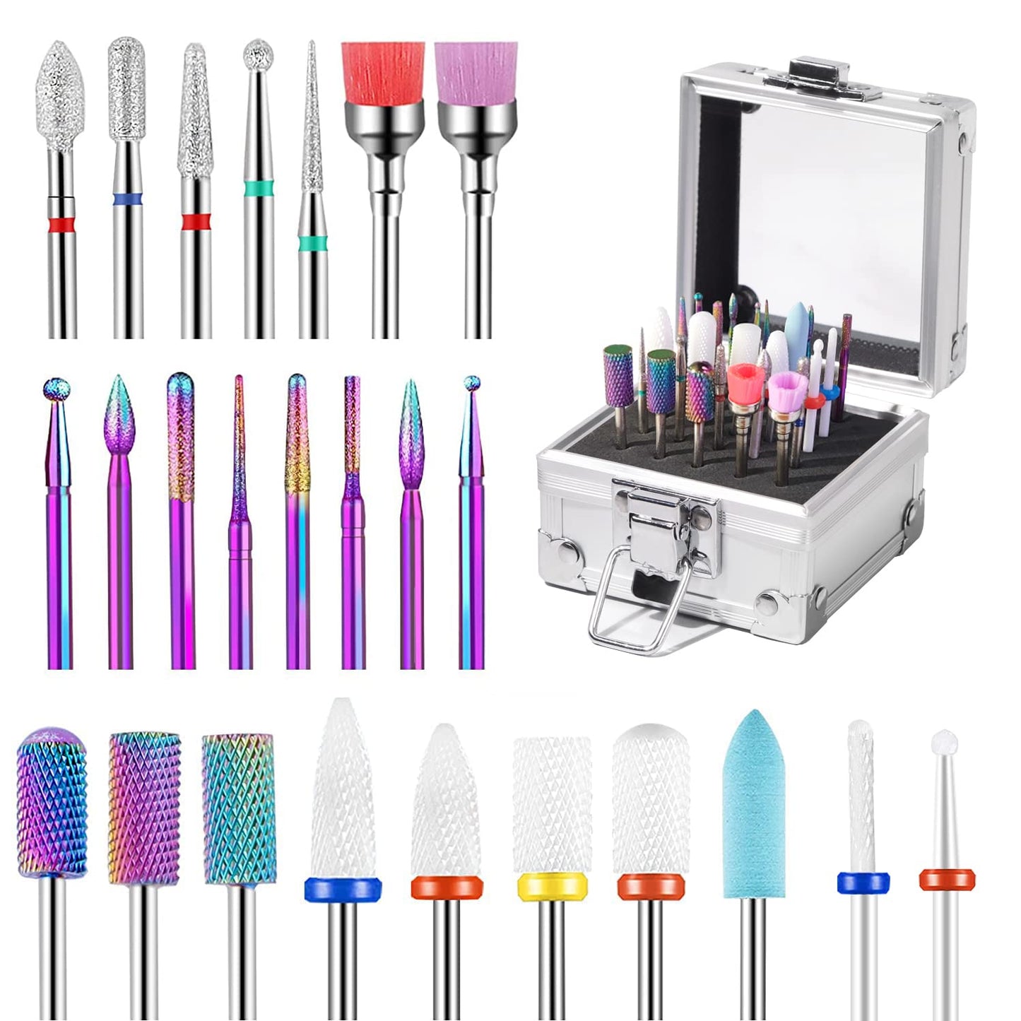 25Pcs Nail Drill Bits Set with Holder, 3/32 Inch Ceramic Tungsten Carbide Diamond Nail Drill Bit Cuticle Efile Remover for Home Salon Manicure Pedicure Acrylic Gel Polish
