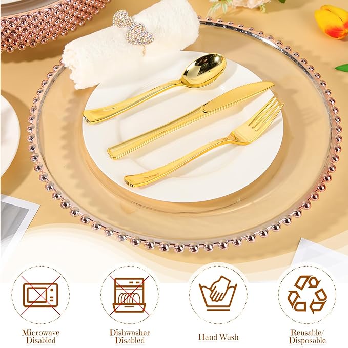 Zopeal 18 PCS Clear Charger Plates with Beaded Rim 13 Inch Plastic Round Charger Plates Bulk for Dinner Home Kitchen Wedding Party Tabletop(Rose Gold)
