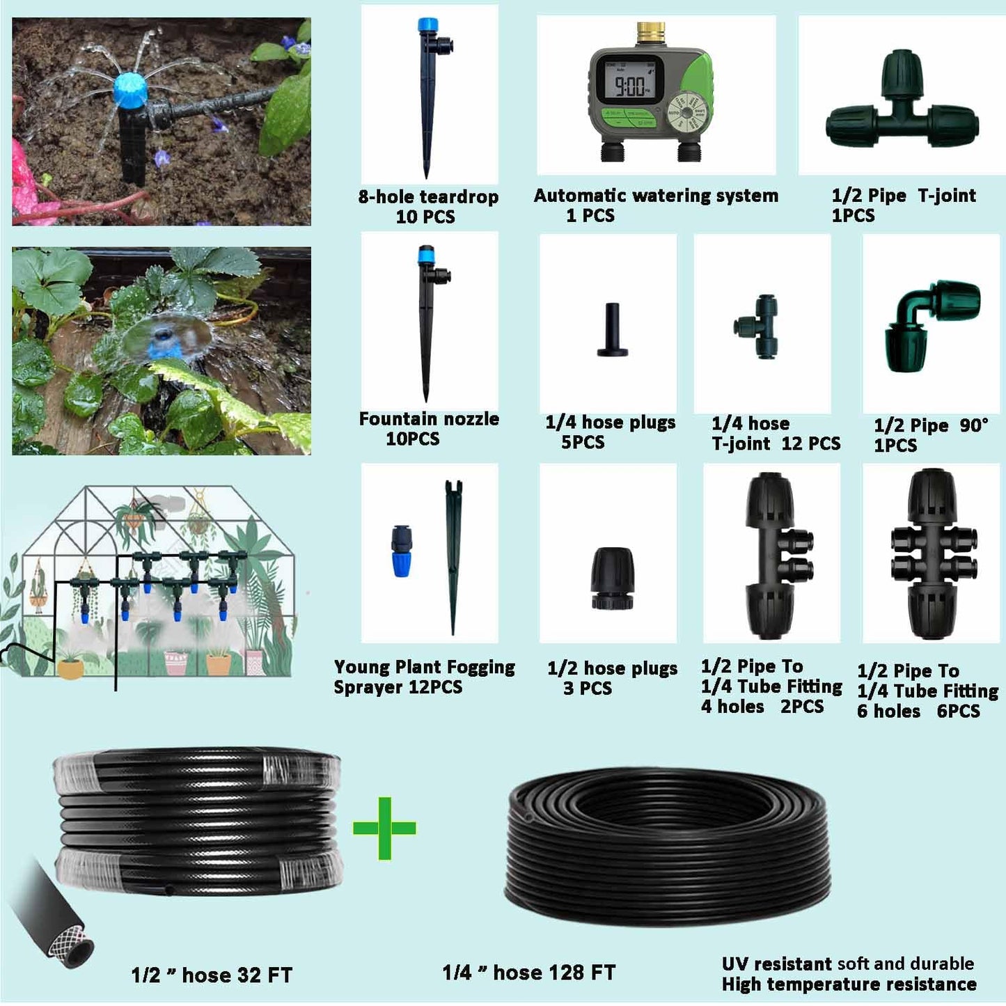Drip Irrigation System with Water Timer for Garden,Main ID 1/2inch 32Ft and 1/4inch 136Ft Water Hose, 2-Zone Watering System Sufficient Water Pressure, Irrigation Dripper Waterflow Evenly Easy DIY