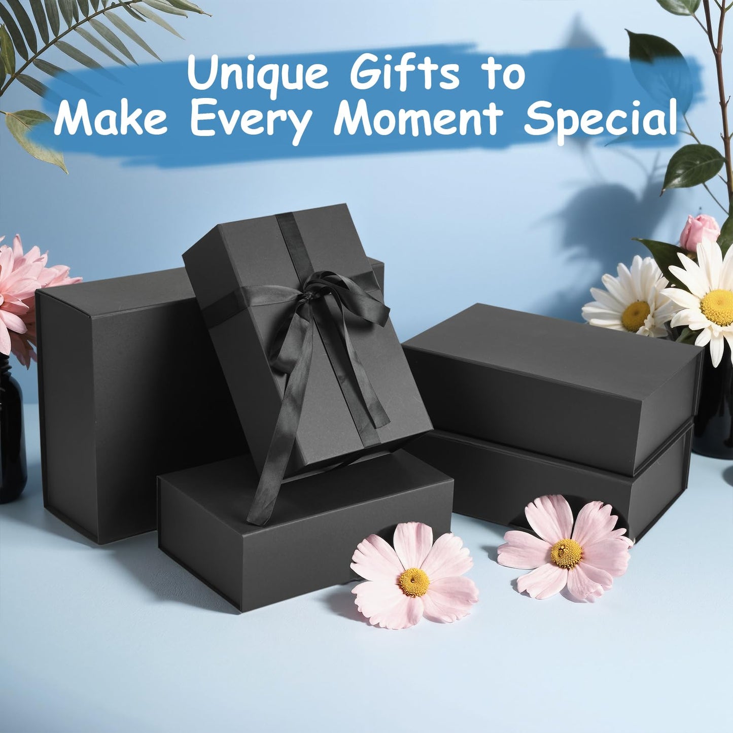 SPEPLA 4 Pack 9.5x6x3 Magnetic Gift Boxes with Ribbon, Black Magnetic Closure Gift Box with Lids for Wedding Christmas Birthday Groomsmen Bridesmaid Proposal