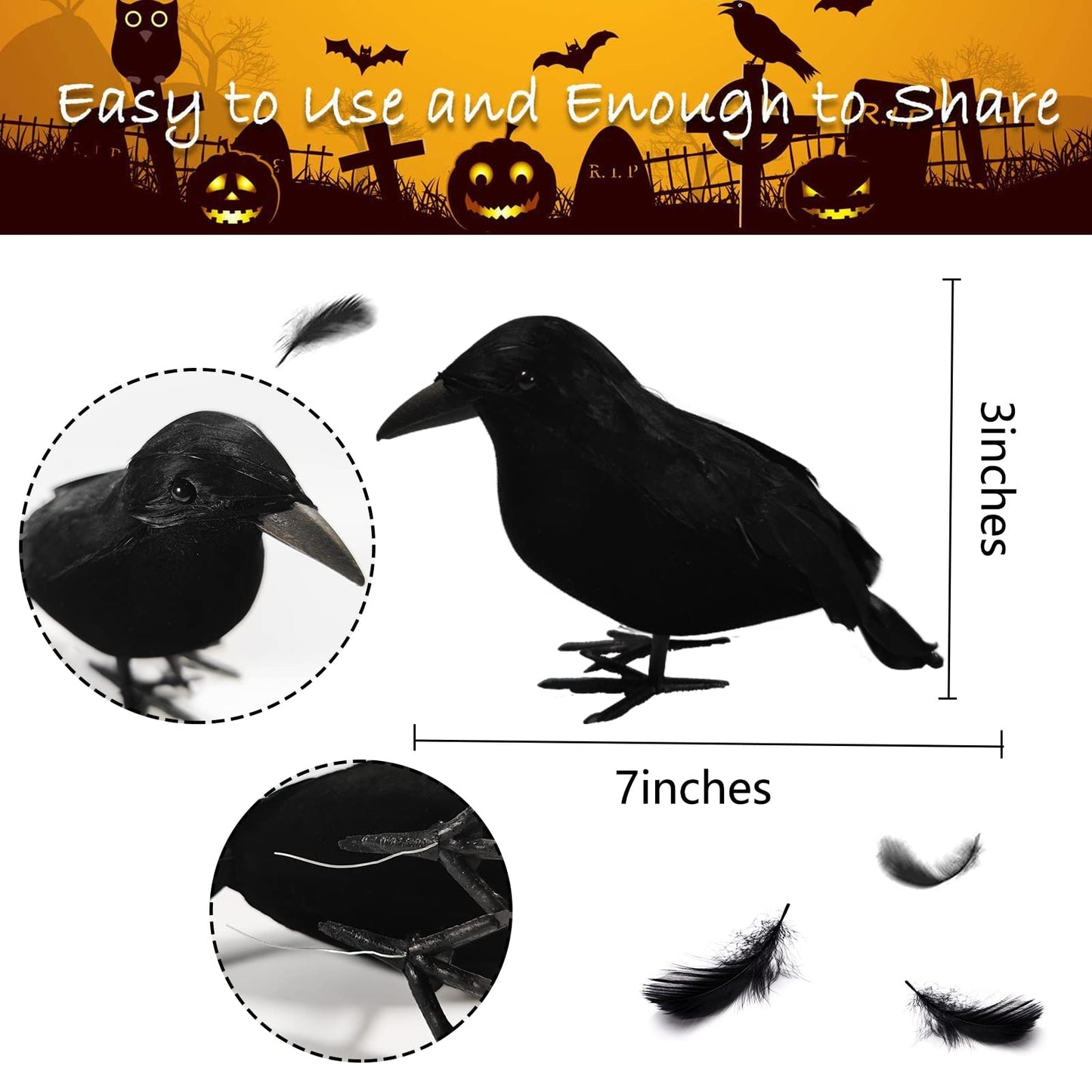 Wakdiz Halloween Realistic Black Crows 6 Pieces Handmade Feathered Crow Ravens, Fake Black Birds Prop Stand Crows for Halloween Outdoors and Indoors Crow Decoration