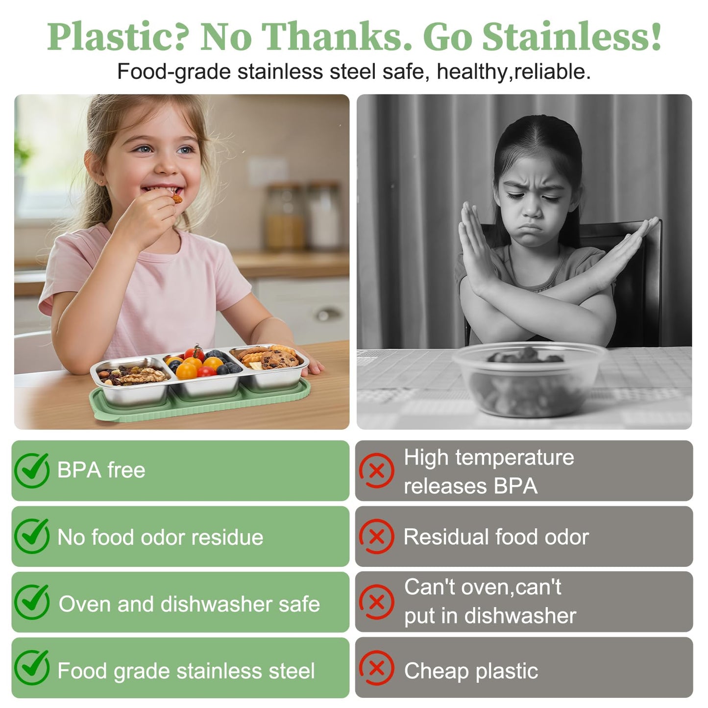 suhunide ﻿ 3 Compartment Stainless Steel Snack Containers ，Reusable Snackle Box Container with Leakproof Lids Metal Bento Lunch Boxs Food Storage Containers for Travel Picnics Office