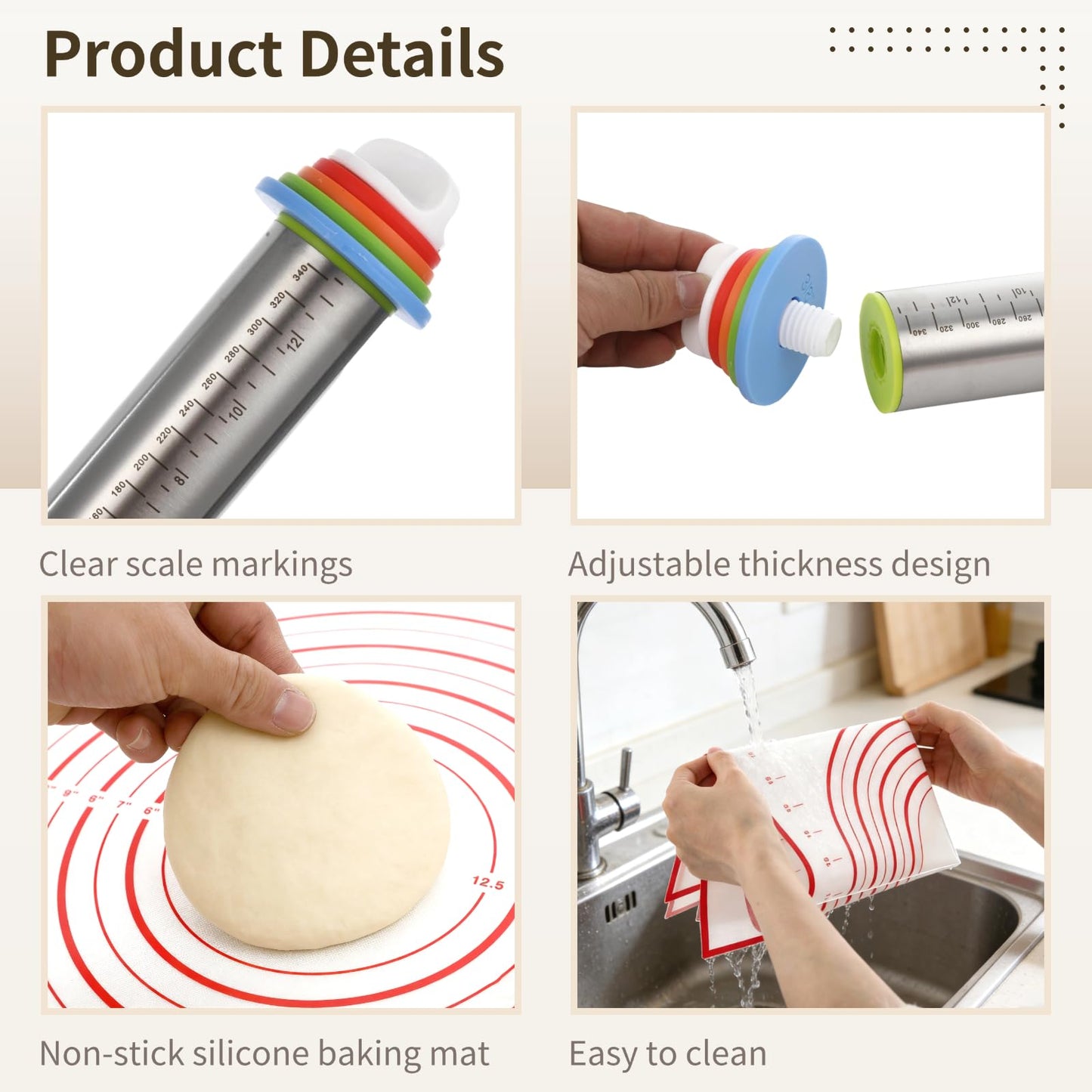 Rolling Pin and Pastry Baking Mat Set, Stainless Steel Dough Roller with Adjustable Thickness Rings & Clear Scale Markings, Ideal for Home Kitchen Baking Fondant, Pizza, Pie, Pastry, Pasta, Cookies