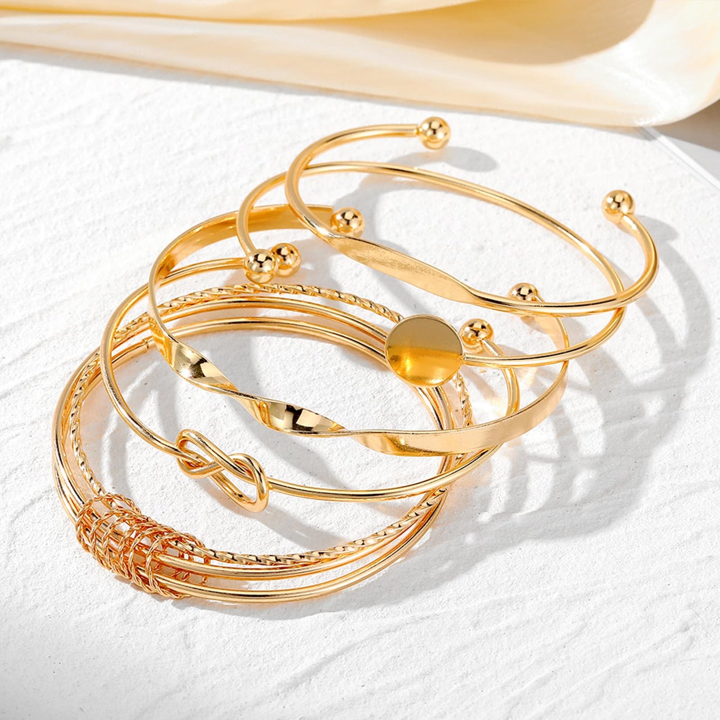 IFKM Gold Bangles Bracelets For Women, 14k Gold Plated Multi Layer Stackable Cuff Bracelet Set, Trendy Elegance Charms Non Tarnish Minimalist Textured Boho Jewelry Gift for Women