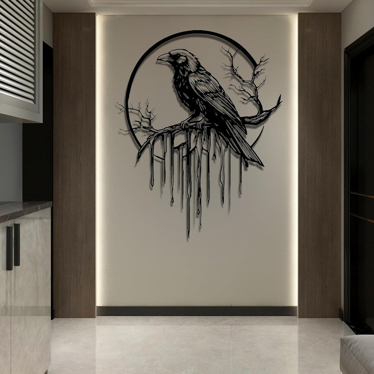 Crow Metal Wall Decor, Raven Wall Art, Large Gothic Raven Decor Hangings, Bird Wall Decor, Metal Tree Branch Decor, Ravens Sign, Raven Art for Living Room (Silver, 24"x19" | 60x48cm, metal wall art)
