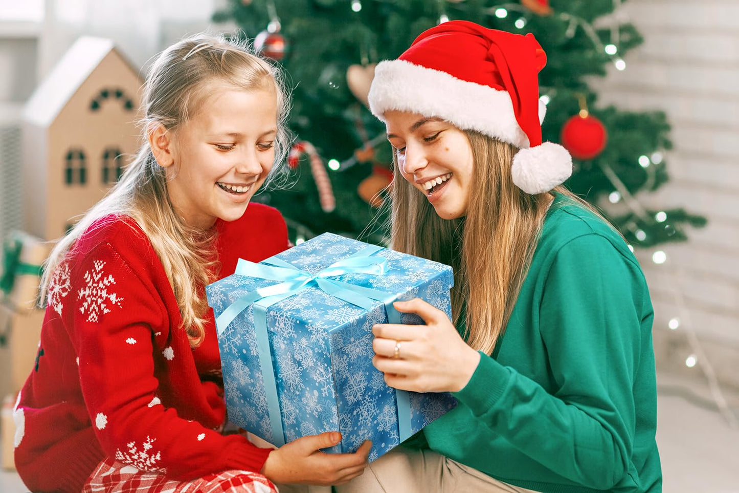 Jaywayang 10" Large Christmas Gift Box with Lid and Ribbon, Blue Snowflake Gift Box with Paper Filler for Holiday Xmas Presents Wrapping.