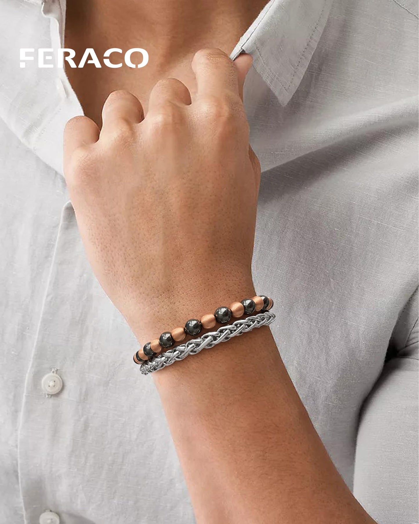 Feraco Magnetic Therapy Cross Copper Bracelet for Men,Hematite Beads Charm Bracelet for Dad,Friends,Brother