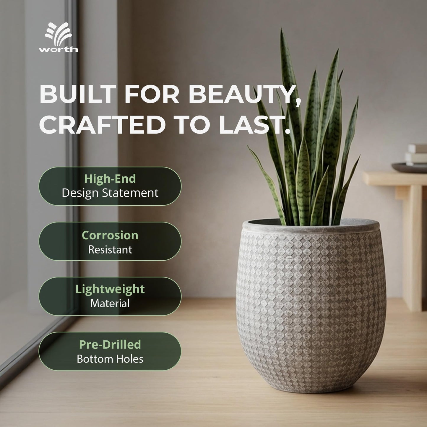Worth 14.5" Round Planter, Lightweight Magnesium Oxide Cement Plant Pot, Raised Pattern Concrete Look with Drainage Hole for Indoor/Outdoor Use, Grey