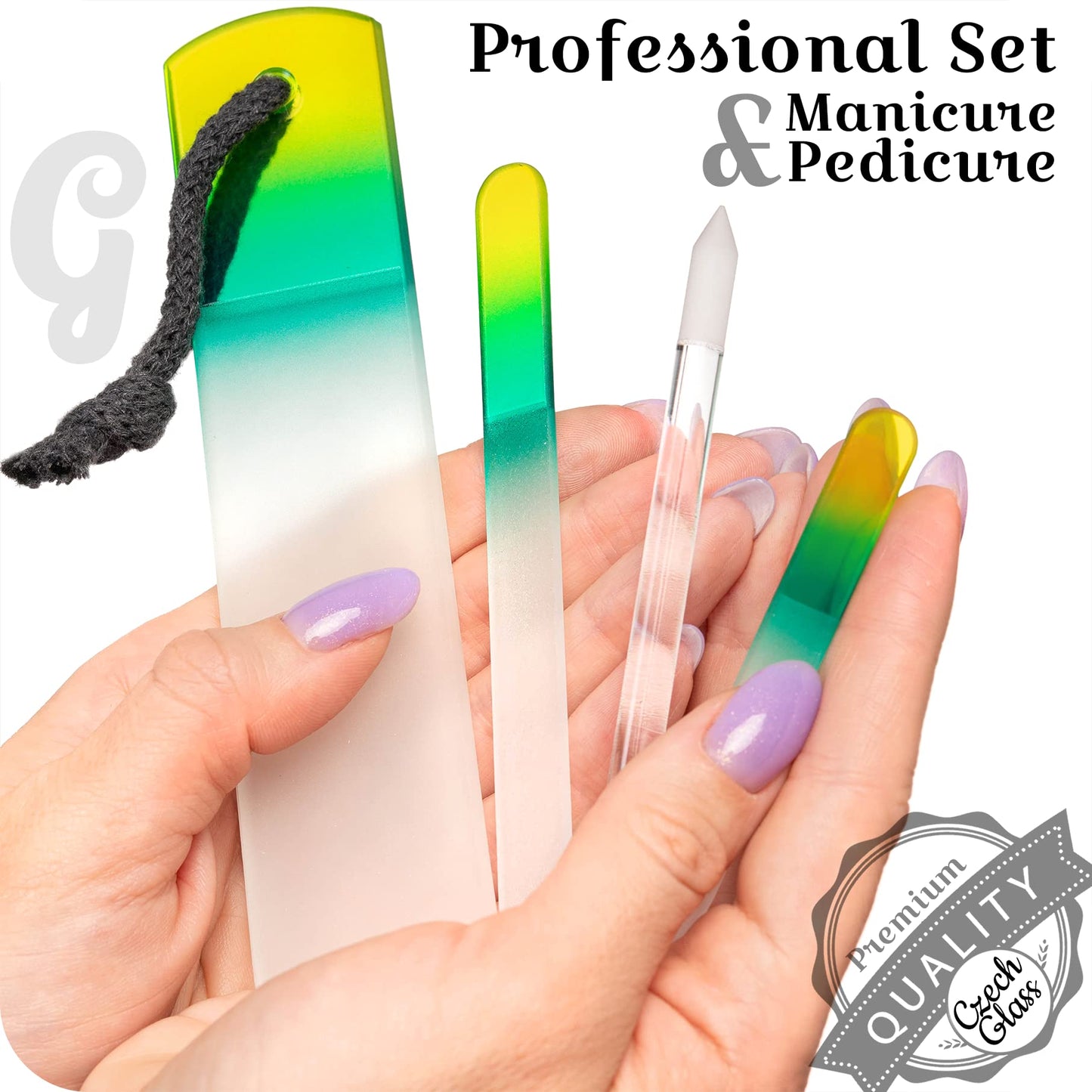 GLADZY Genuine Czech Glass Nail File Set - Callus Remover Foot Rasp, Cuticle Pusher Manicure Stick, Double Sided Etched Different Grit Surface, Professional Nail Care Tool, Made in EU