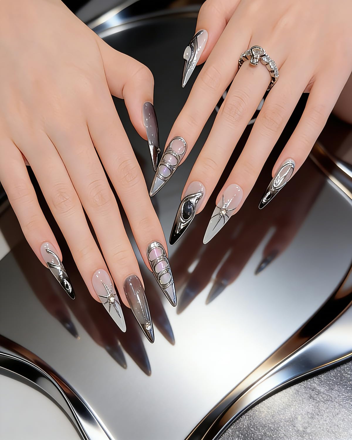 CAMILCY Handmade Nails Press on Long Gradient Blue Black Silver Halloween Star Design Hand painted Reusable Gel UV Finished Pre shaped Artificial False Nails for Women 10pcs 3D Nails (A021, S)