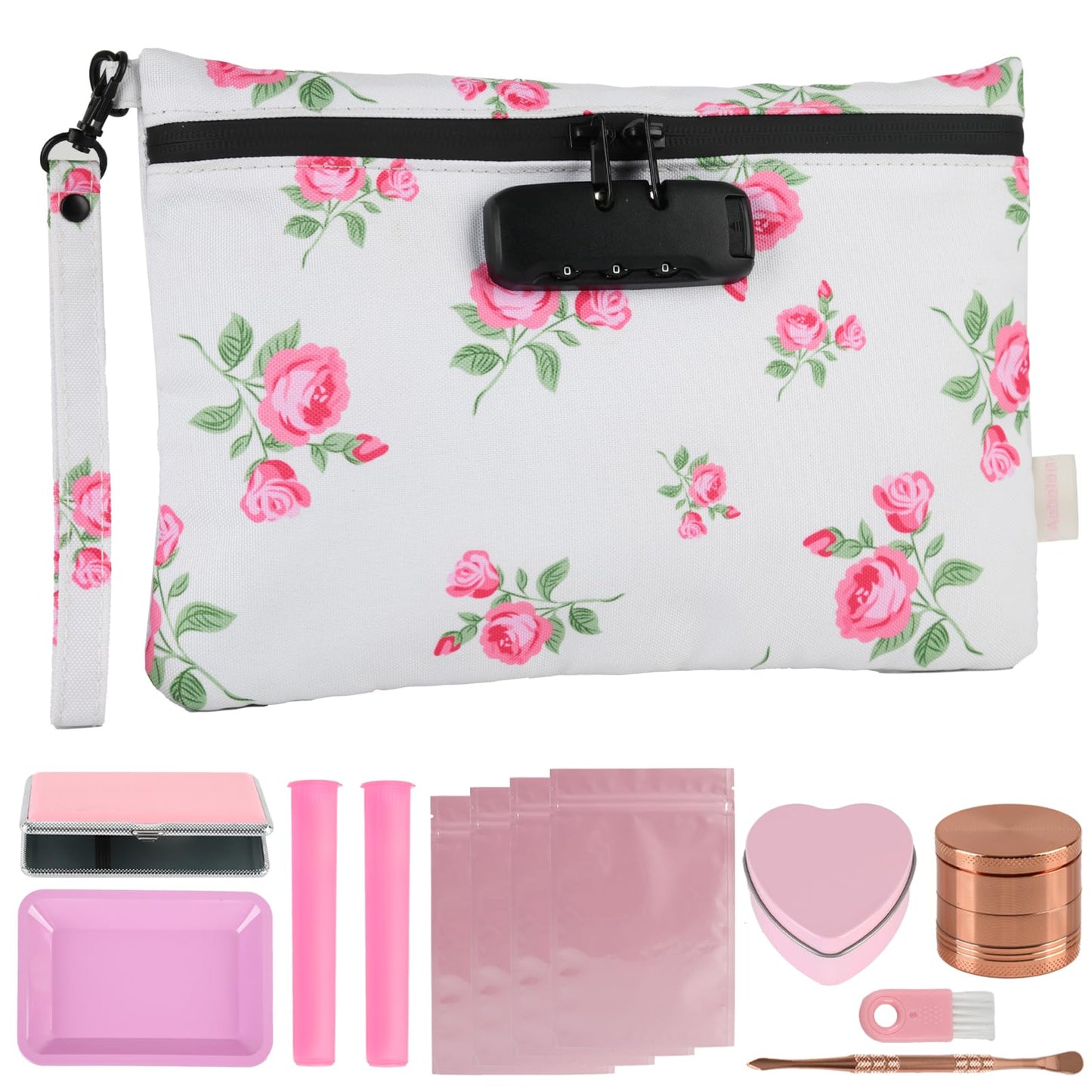 Aobelan Pink Rose Travel Pouch - Waterproof with Combination Lock, 8 Accessories and Gift Box