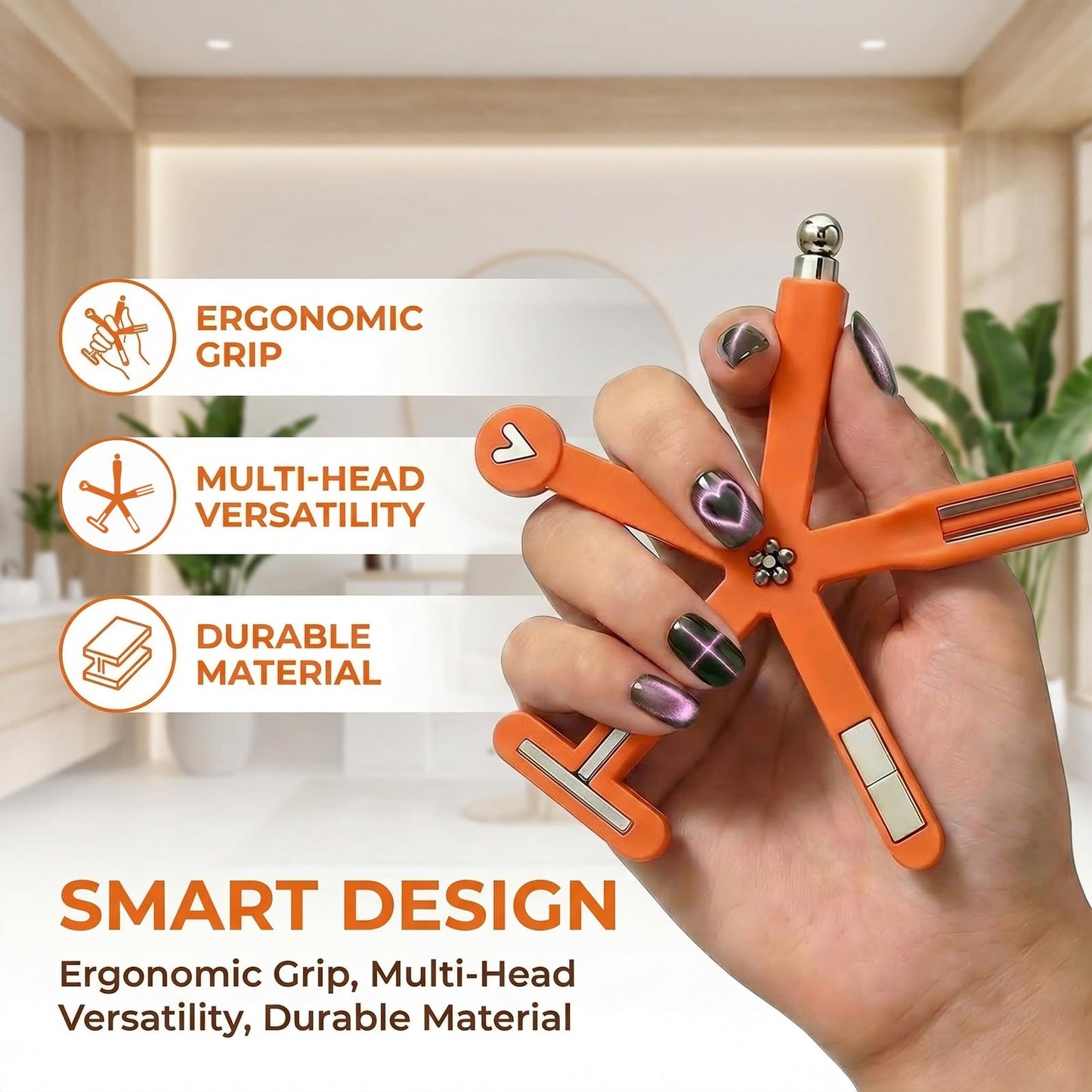 Plman 8 In 1 Cat Eye Magnet Tool with Magnetic Bead for Cat Eye Gel Nail Polish - Neodymium Nail Art Tools for Beginners DIY at Home and Professional Salon (8 in 1 Set - Orange)