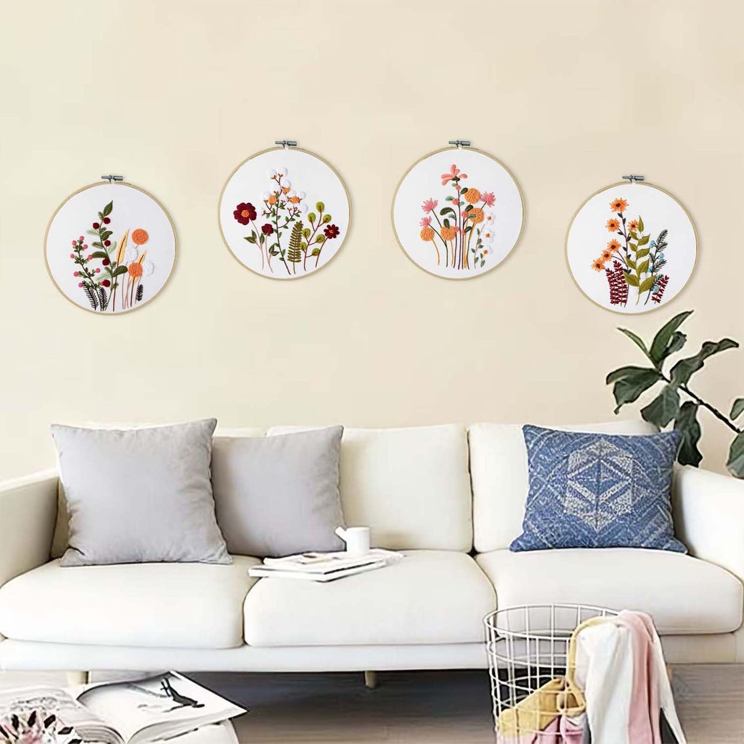 DMFXNBLM Embroidery Kit for Beginners, 4 Floral Pre-PrintedPatterns, Includes Multiple Accessories, with Step-By-Step Instructions and Clear Videos, Complete Kit Gift for Craft Lovers