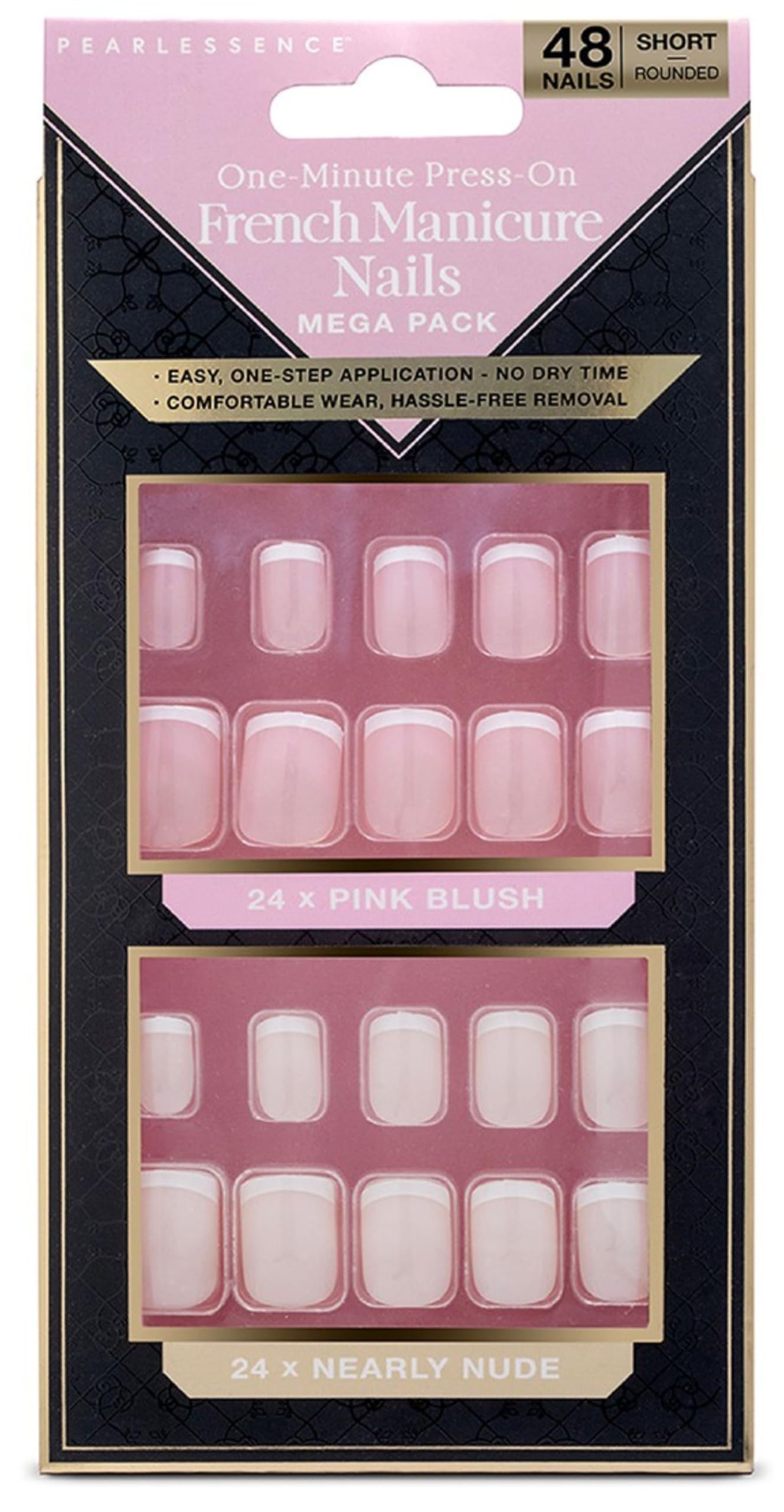 Pearlessence One Minute Press-On French Manicure Nails | 48-Count Mega Pack | Pink Blush & Nearly Nude | Short Rounded Shape | Easy Application, No Dry Time