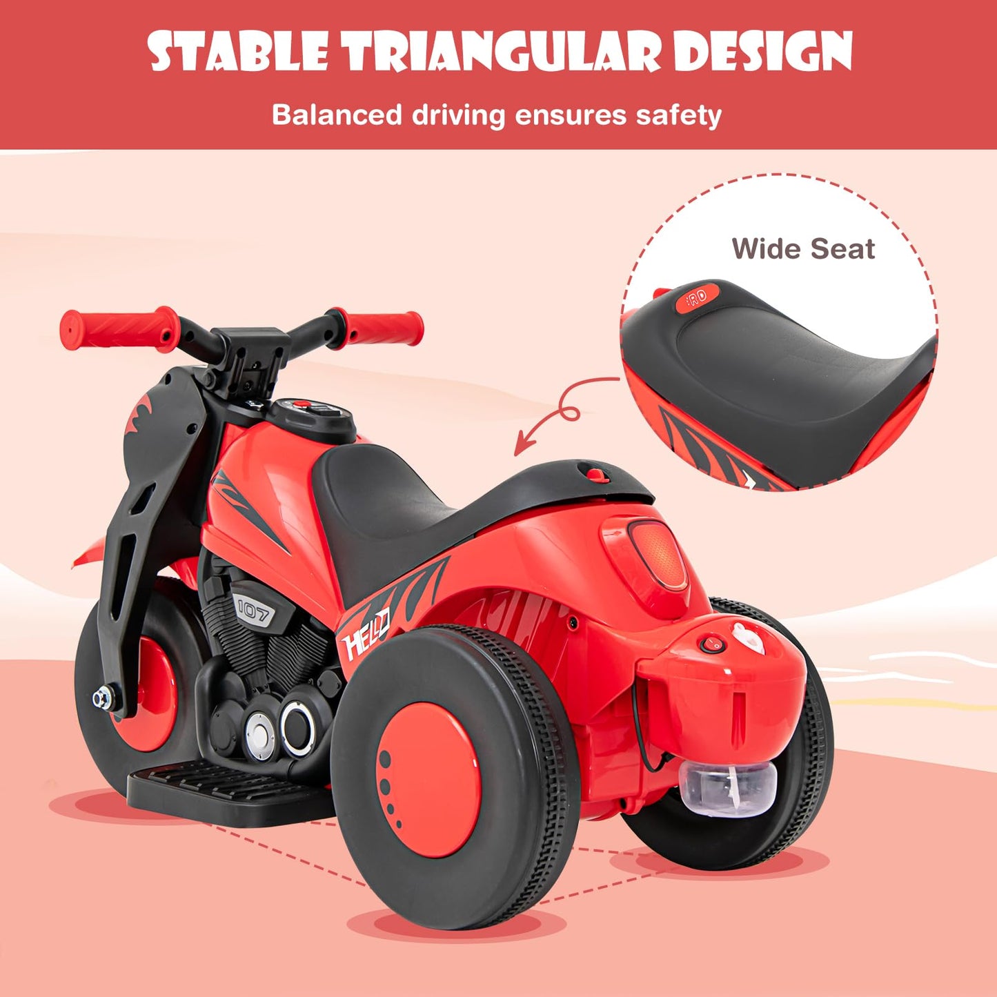 OLAKIDS Kids Motorcycle, 6V Electric Ride On Car with Automatic Bubble Function, Foot Pedal, Headlight, Music, 3 Anti-Skip Wheels Vehicle for Children, Toddler Ages 3+