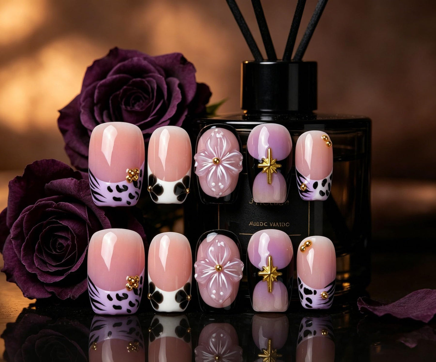 Short Square Press on Nails Handmade 3D Cute Glue on Nails for Women, Luxury Homemade Press on Nail Art Design, Fake Nails with 3D Nail Charms Size M 7