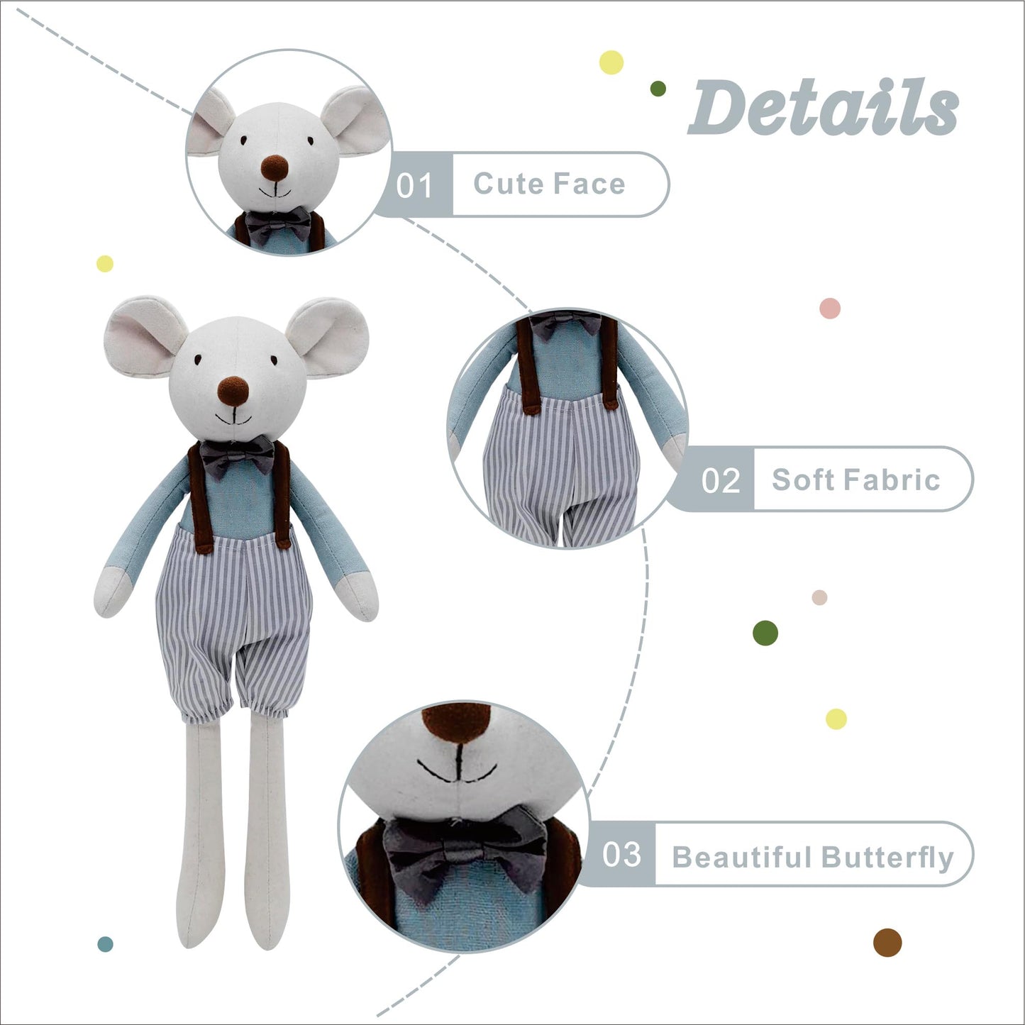 Mikee Fluffie Prince Mouse Stuffed Animals,15.7" Tall Rat Plushies with Backpack Pants,Cute Stuffed Animal for Girls As Birthday, Easter