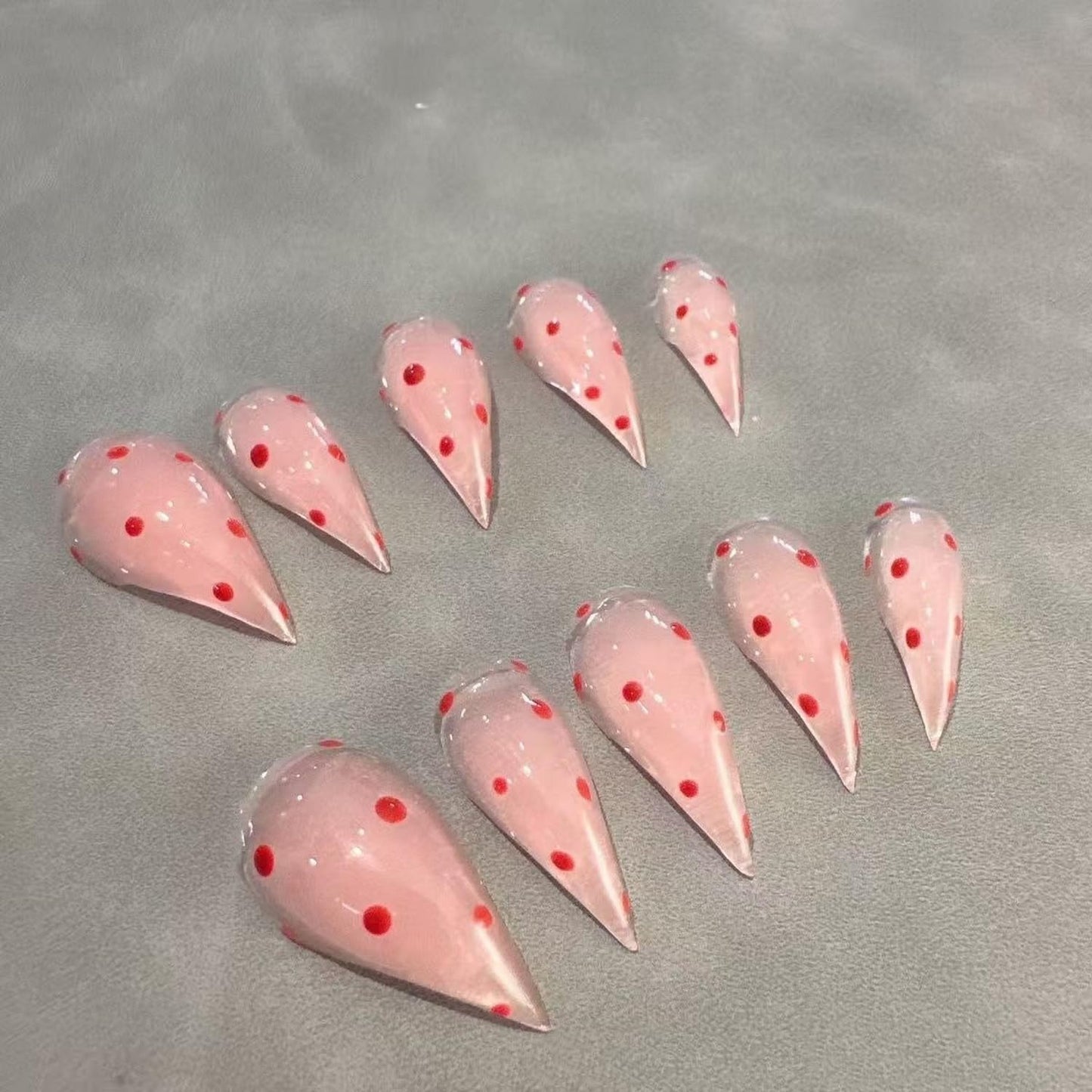 Handmade Press on Nails Red Polka Dot Fake Nails Designs Extra Curved Stick on Nail Full Cover Pink Eagle Claw False Nails Luxury Thicked Long Stiletto Acrylic Nail for Women (Size M)