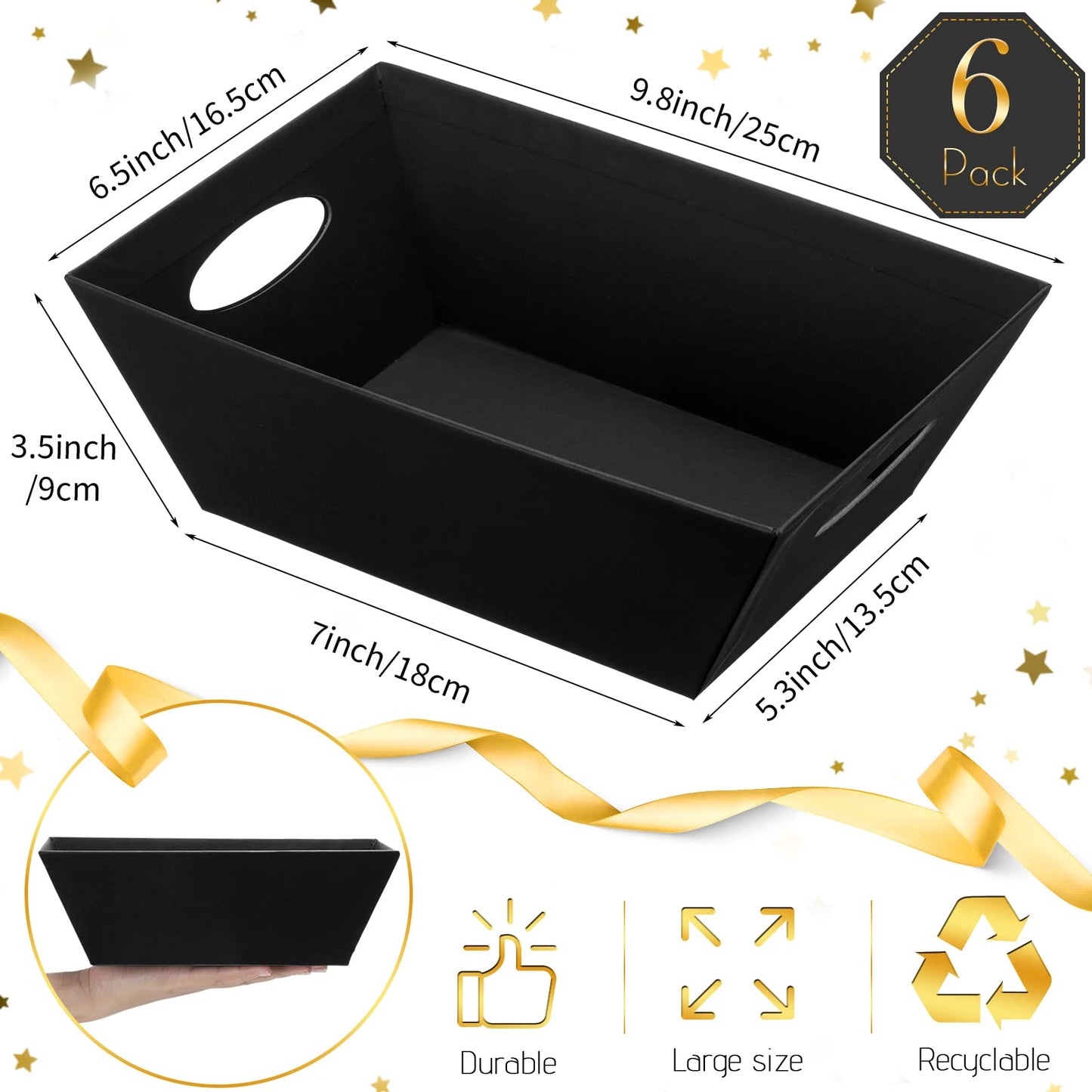 Mimorou 6 Pack Baskets for Gifts Empty To Fill, Kraft Empty Gift Basket Kit Bulk with Handle 6 Wrap Bag 10 Pull Bow DIY for Wedding Graduation Birthday Party Holiday(Black,Simple Style)