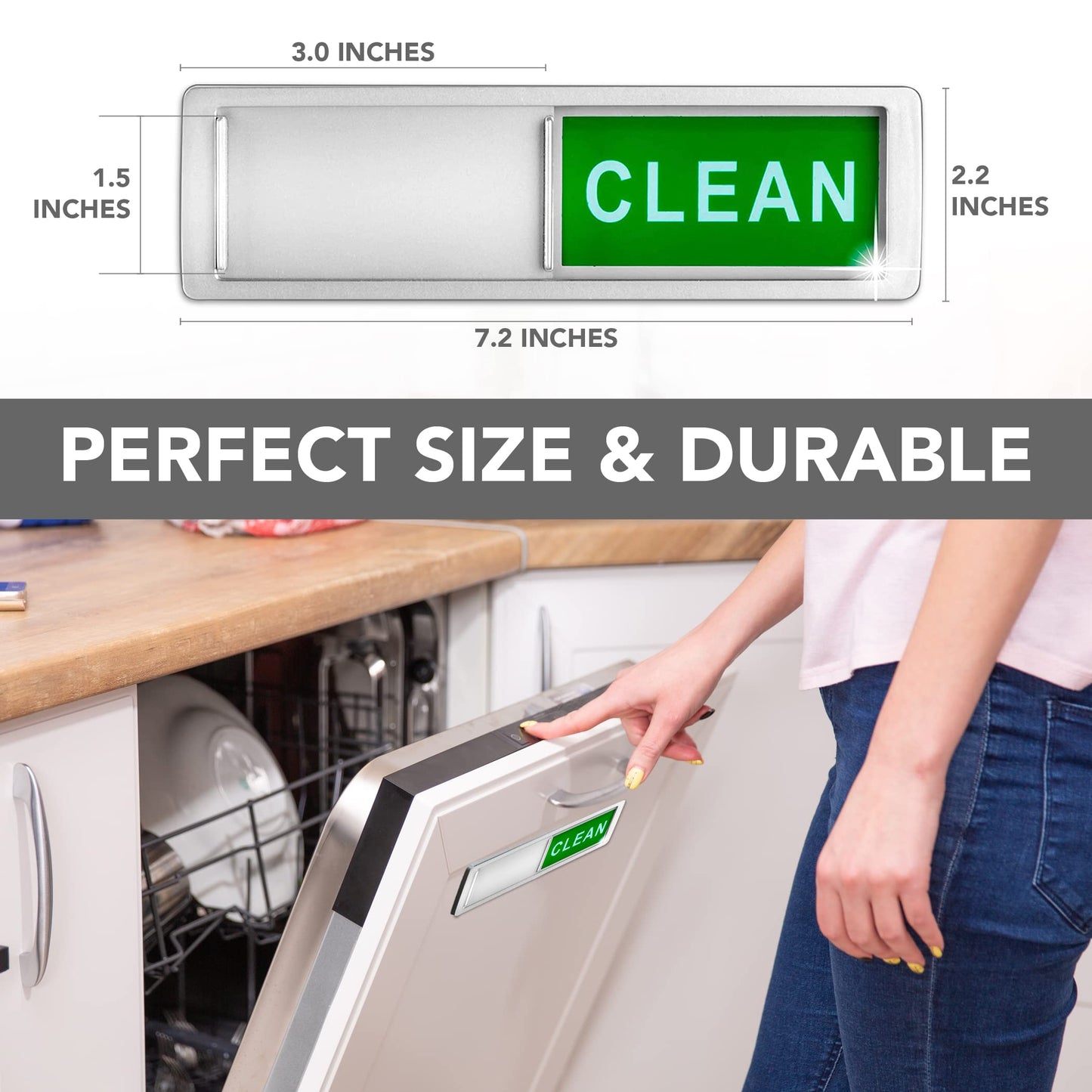 Premium Clean Dirty Dishwasher Magnet, Dirty Clean Sign for Dishwasher Easy to Read and Strong Slide for Changing Signs, Heavy Duty Magnet with Optional Stickers (Red & Green (Silver))