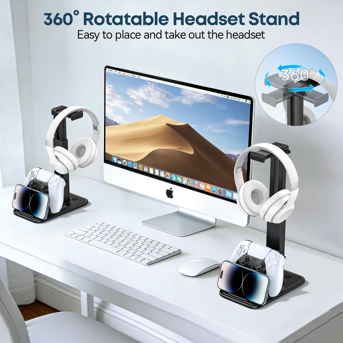 Gaming Headset & Controller Stand, Rotating Headphone Storage with Controller & Phone Holder, Game Desk Storage with Cable Organizer for PS5/PS4/XBOX PC Gamer Essentials Organizer Gift Accessories