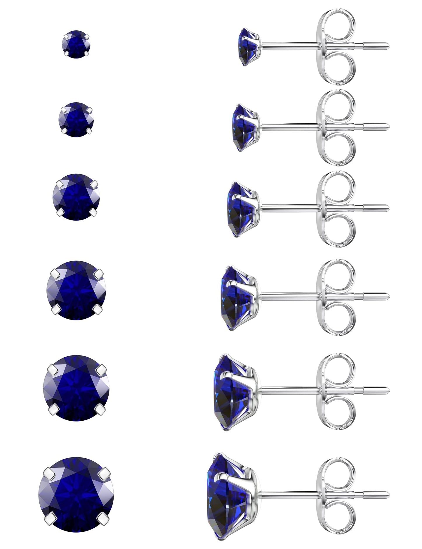 6 Pairs Stud Earrings Set Hypoallergenic Cubic Zirconia 316L Earrings Stainless Steel Earrings for Women (Blue)