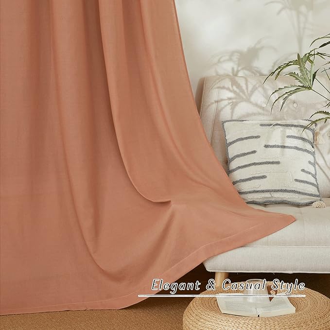 NICETOWN Terracotta Linen Curtains for Girls Room, Grommet Privacy Added Thick Flax Linen Burlap Semi Sheer Light Filtering Window Treatments for Living Room, W55 x L90, 2 Panels