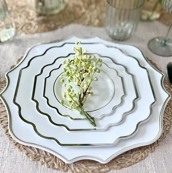 " OCCASIONS " 20 Pieces 13.25'' Scalloped Disposable/Reusable Plastic Charger Plates for Wedding, (Scalloped Imperial White & Silver)