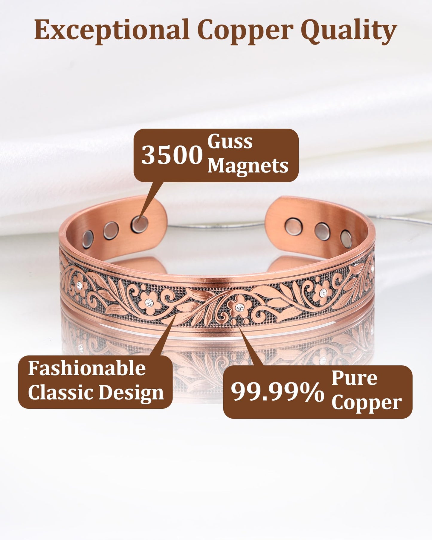 BioMag Magnetic Copper Bracelet for Women Men, 99.99% Pure Copper Cuff Bangle with 6 Pcs 3500 Gauss Magnets, Adjustable Size, Floral Vine Pattern